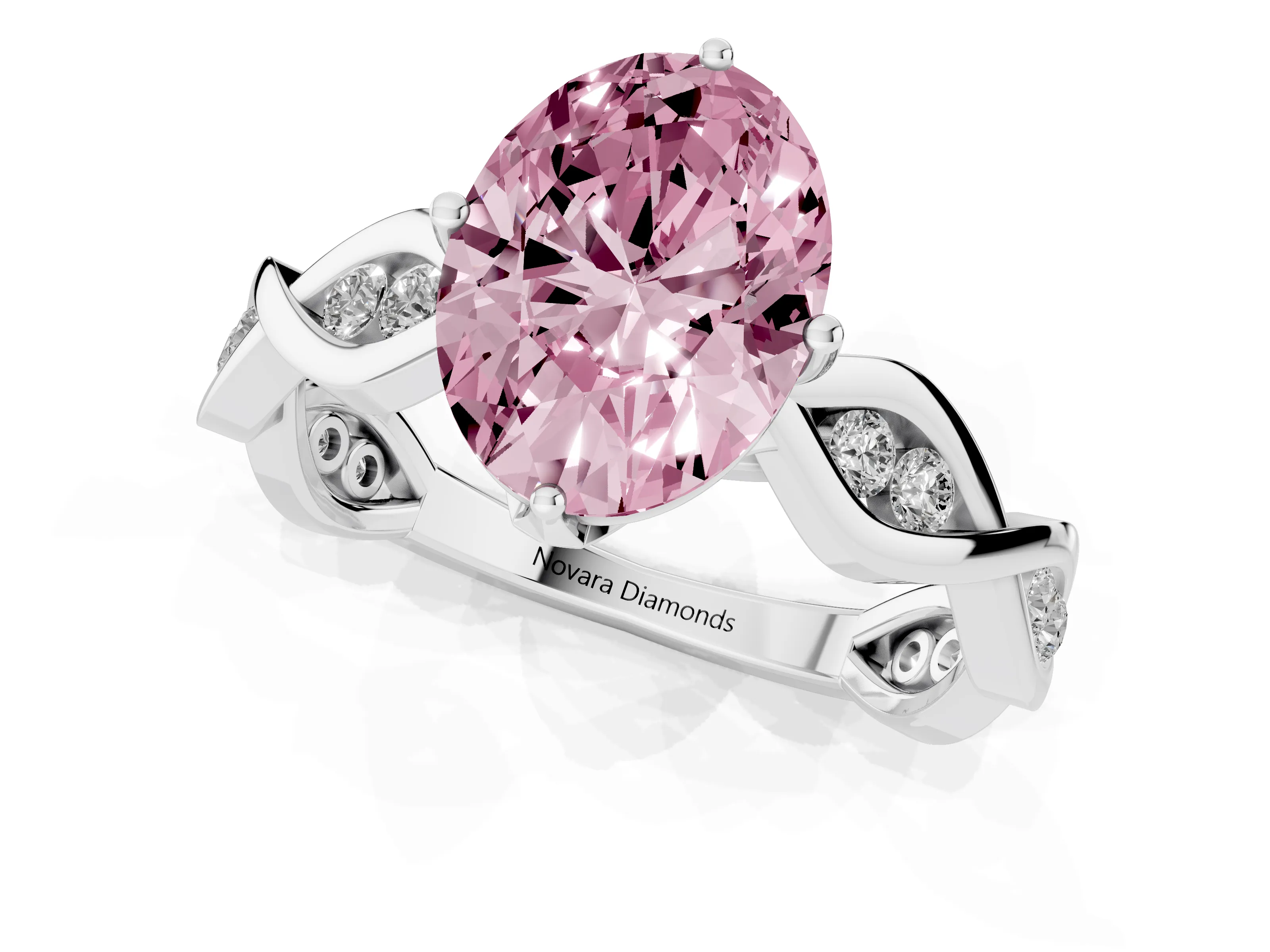 Fancy Pink Oval Cut Diamond Twist Band Solitaire Ring Set in Platinum with Leaf Prong Setting and Accent Stones