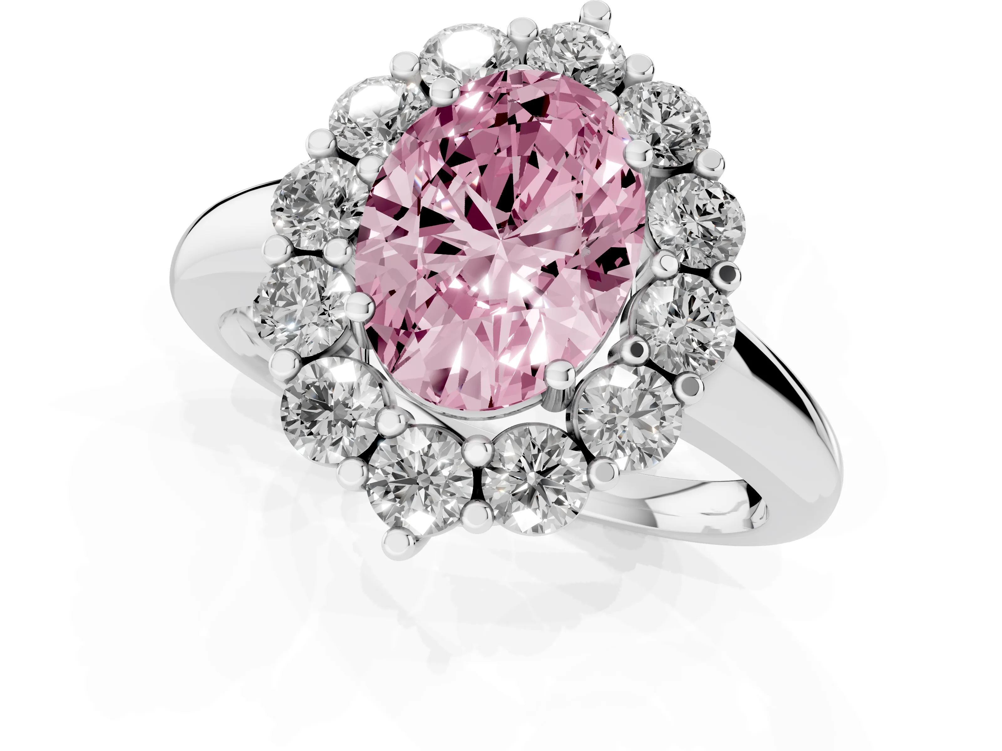 Fancy Pink Oval Cut Diamond Halo Cluster Engagement Ring Set in Silver with Polished Band and Prong Setting