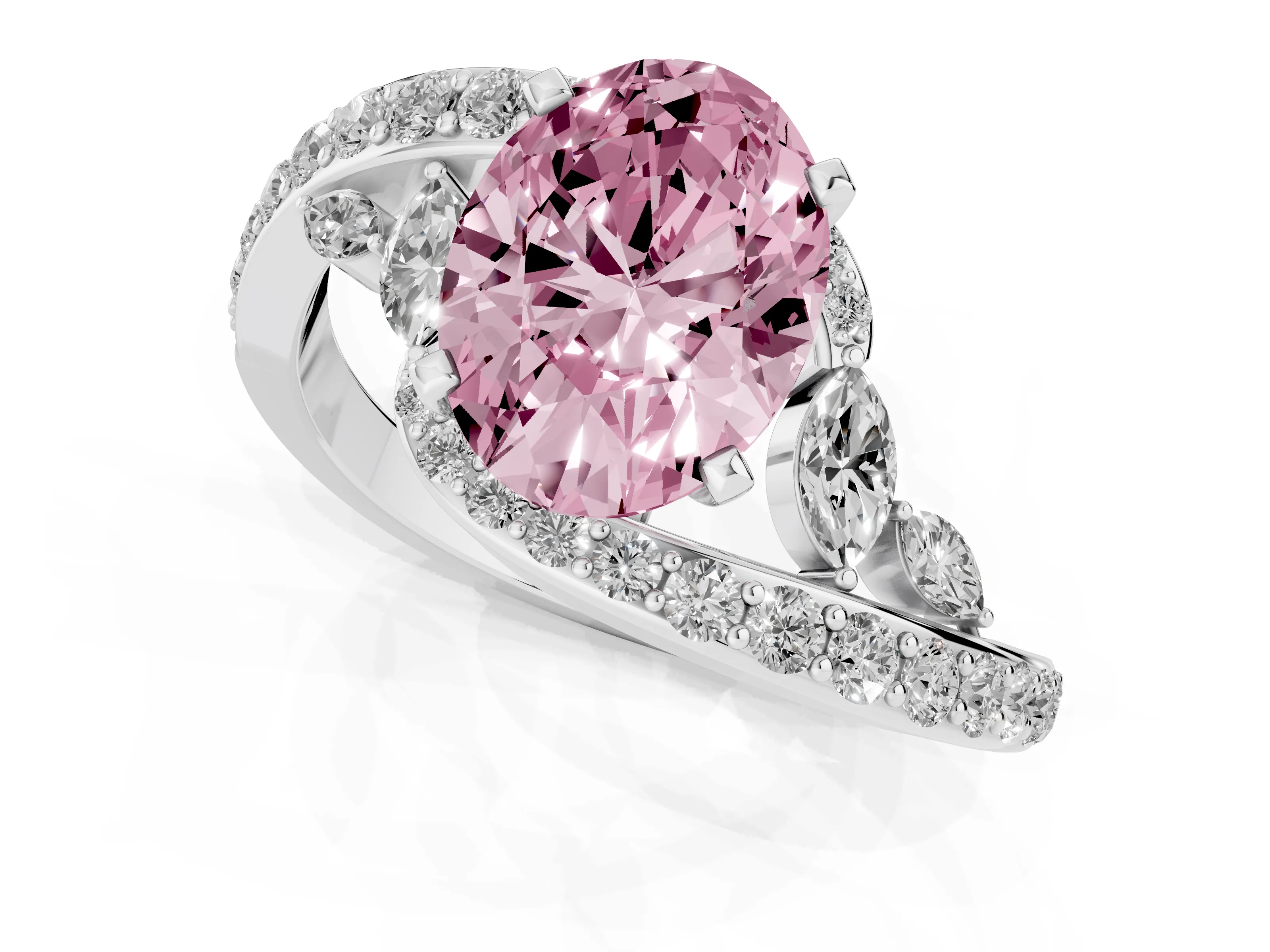 Fancy Pink Oval Cut Diamond Solitaire Ring Set in Silver with Pavé Twist Band and Secure Prong Setting