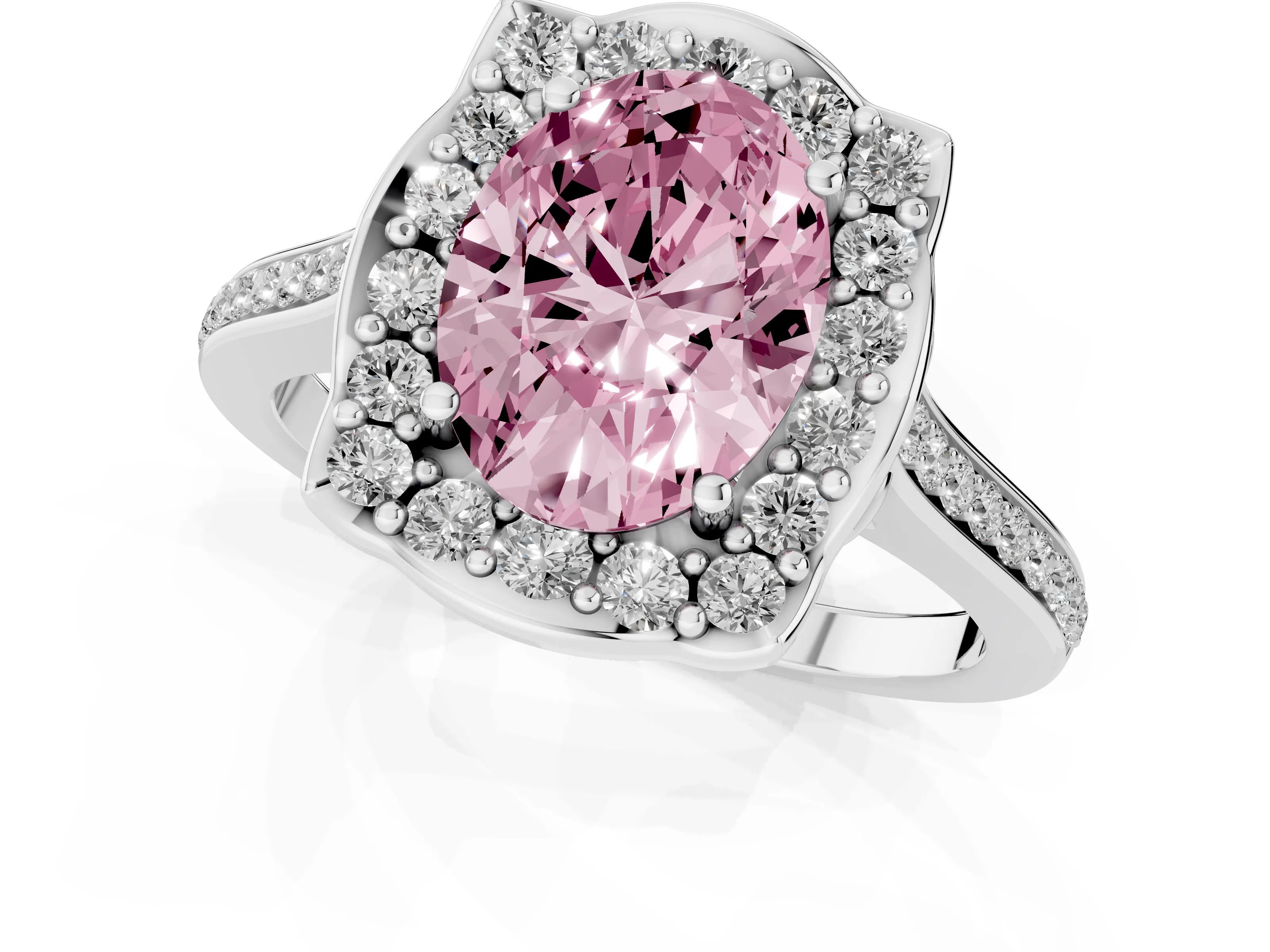 Fancy Pink Oval Cut Diamond Halo Ring Set in Silver with Pavé-Lined Shoulders and Prong Setting