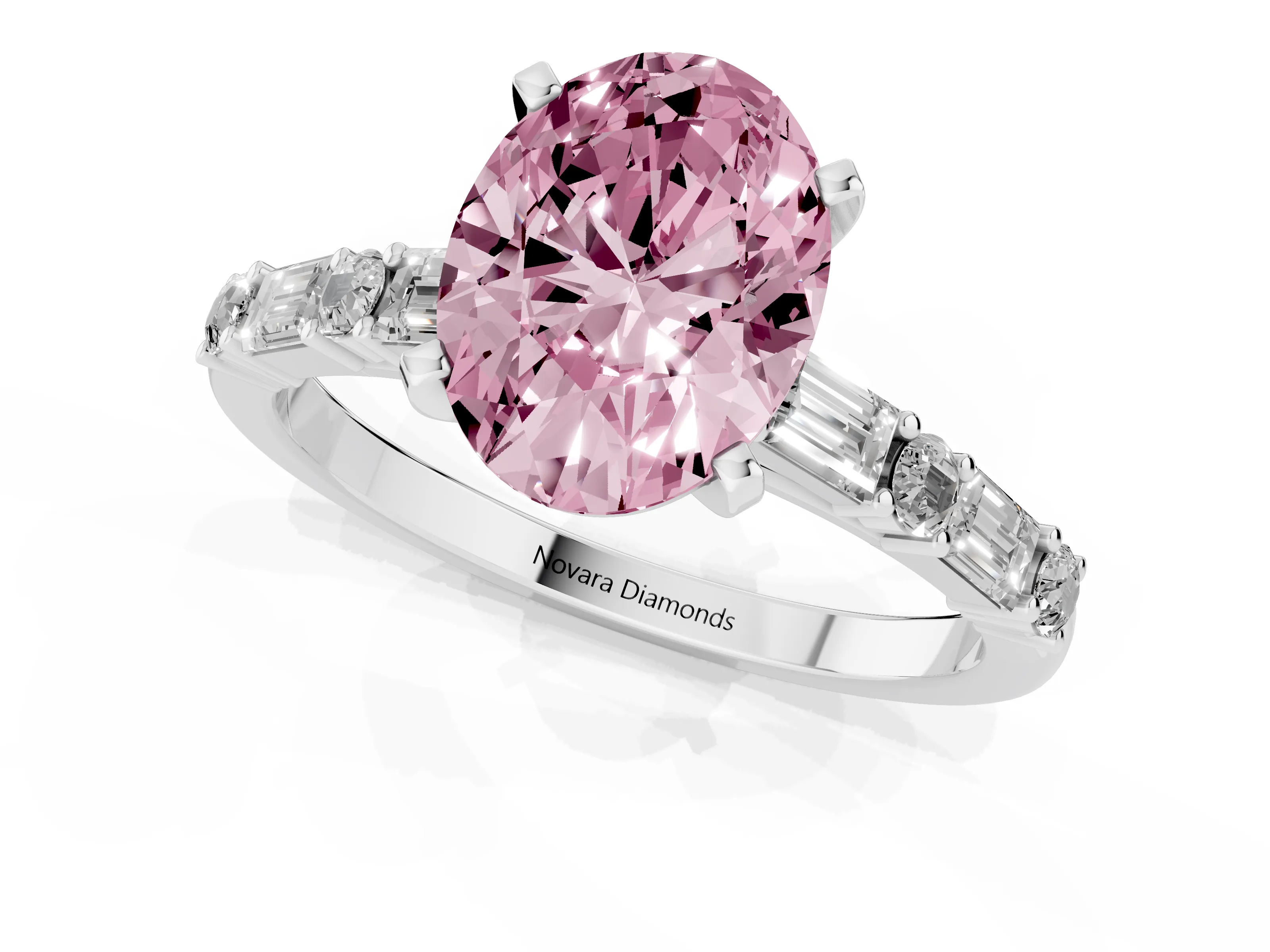 Fancy Pink Oval Cut Diamond Solitaire Set in White gold with Side Baguettes and Channel Set Band