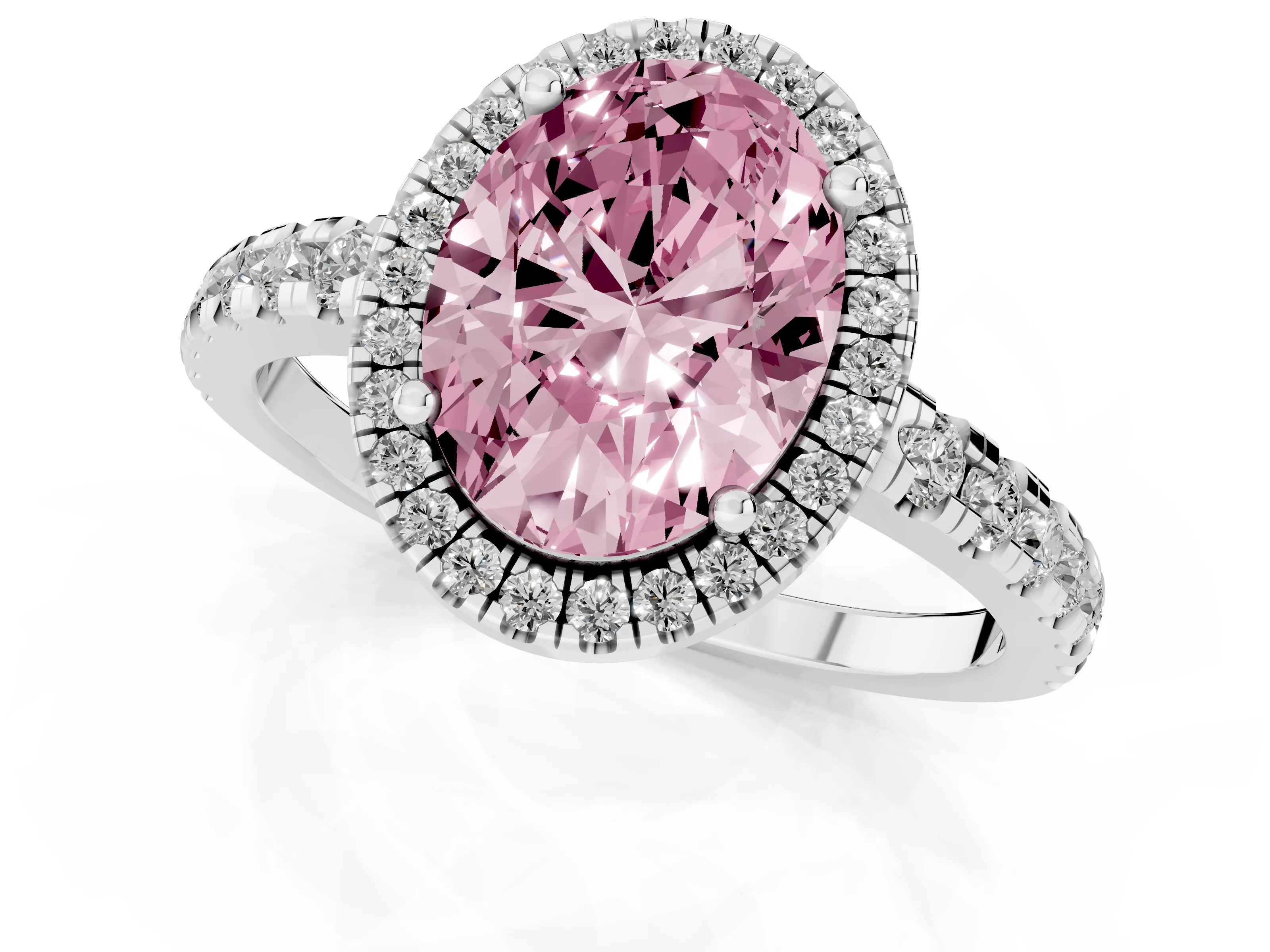 Fancy Pink Oval Cut Diamond Halo Ring Set in Platinum with Delicate Pavé Band and Prong Setting