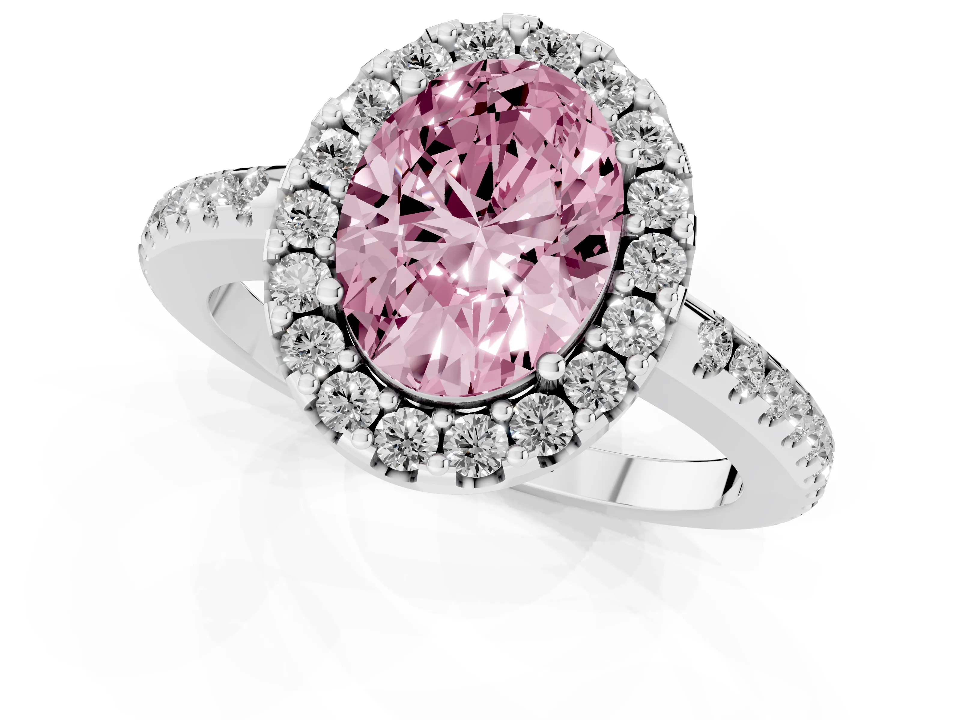 Fancy Pink Oval Cut Diamond Pavé Halo Ring Set in White gold with Prong Setting