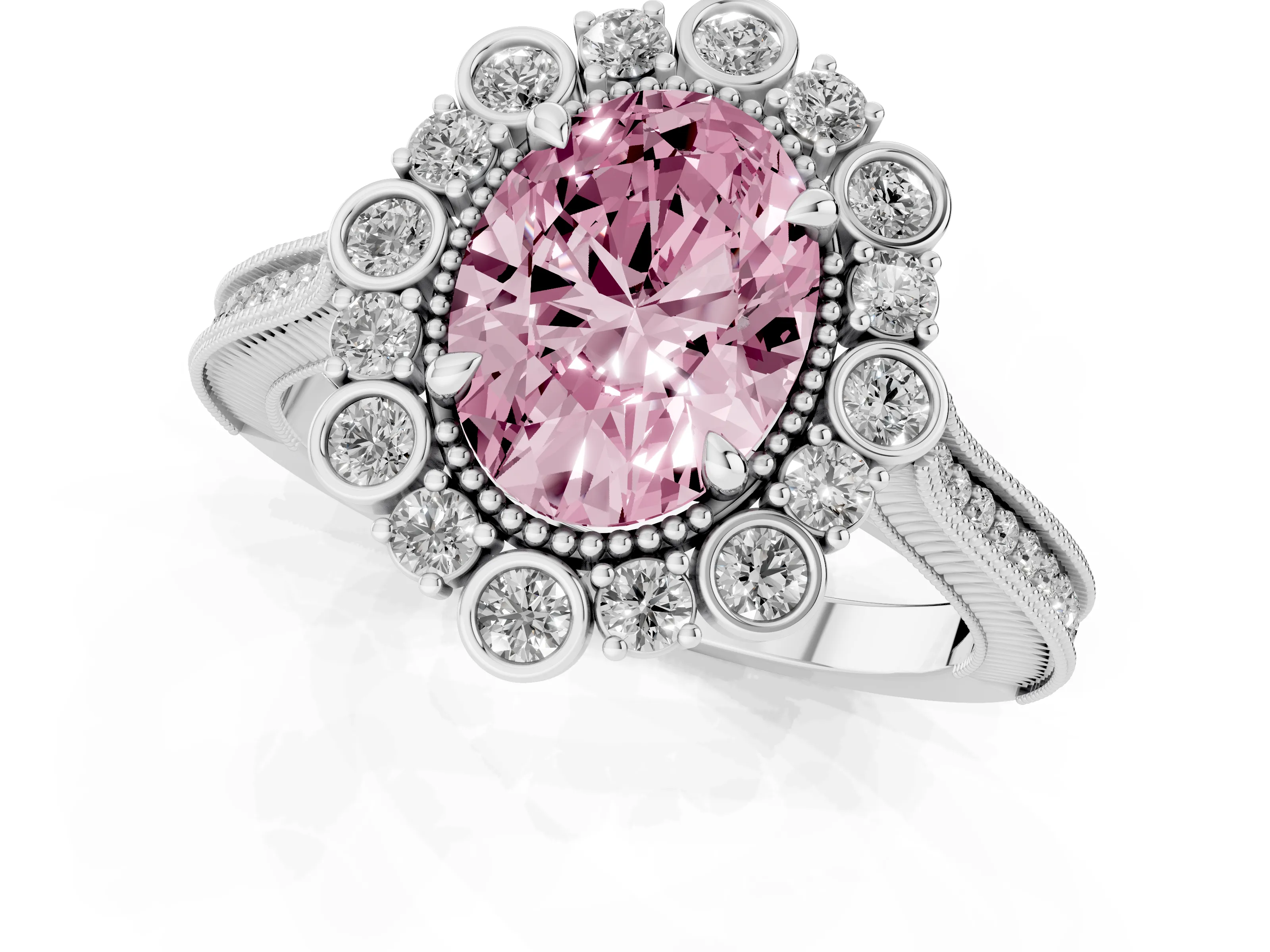 Fancy Pink Oval Cut Diamond Halo Milgrain Pavé Ring Set in Silver with Prong Setting