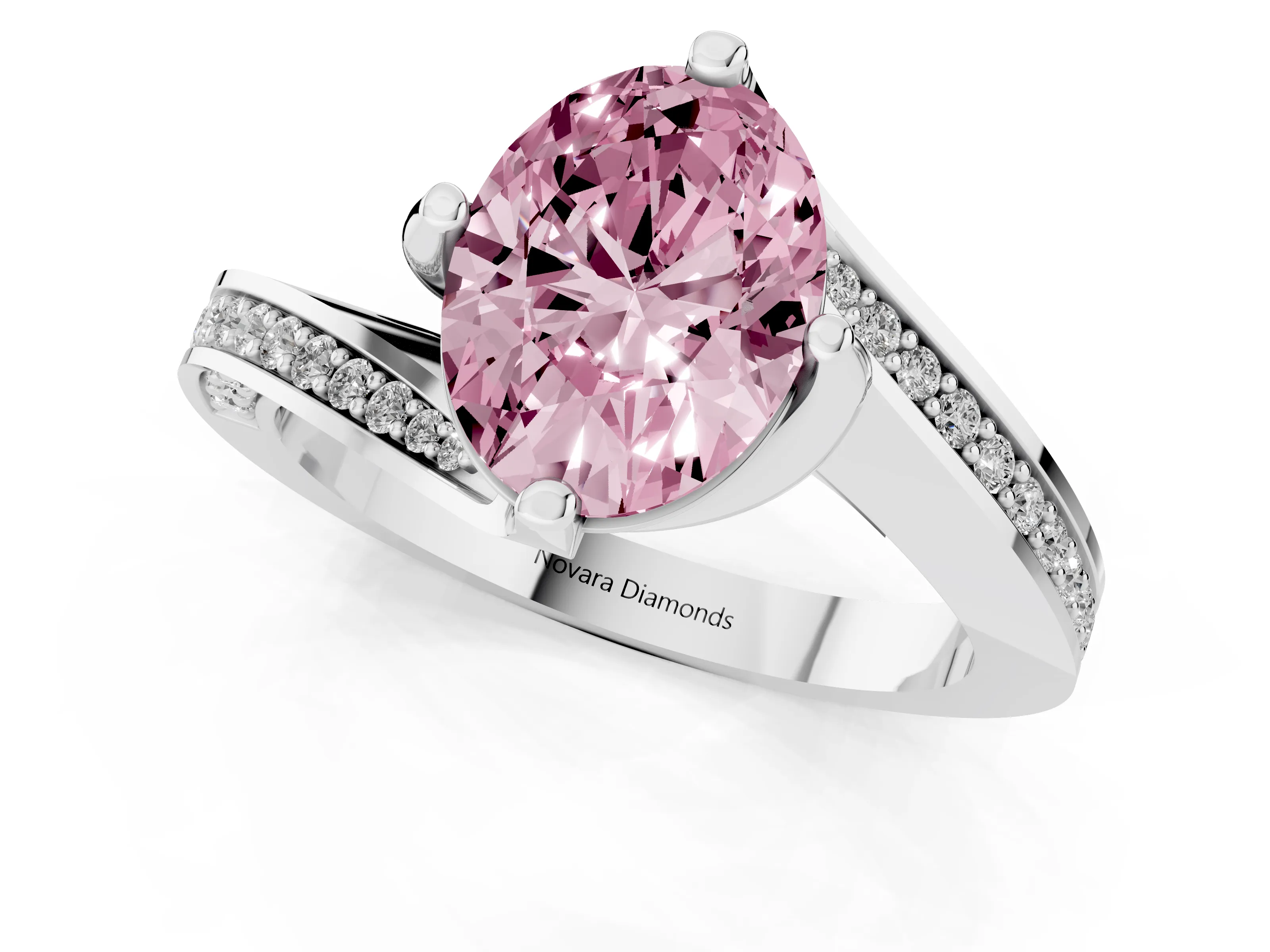 Fancy Pink Oval Cut Diamond Solitaire Ring Set in Silver with Intertwined Pavé Twist Band