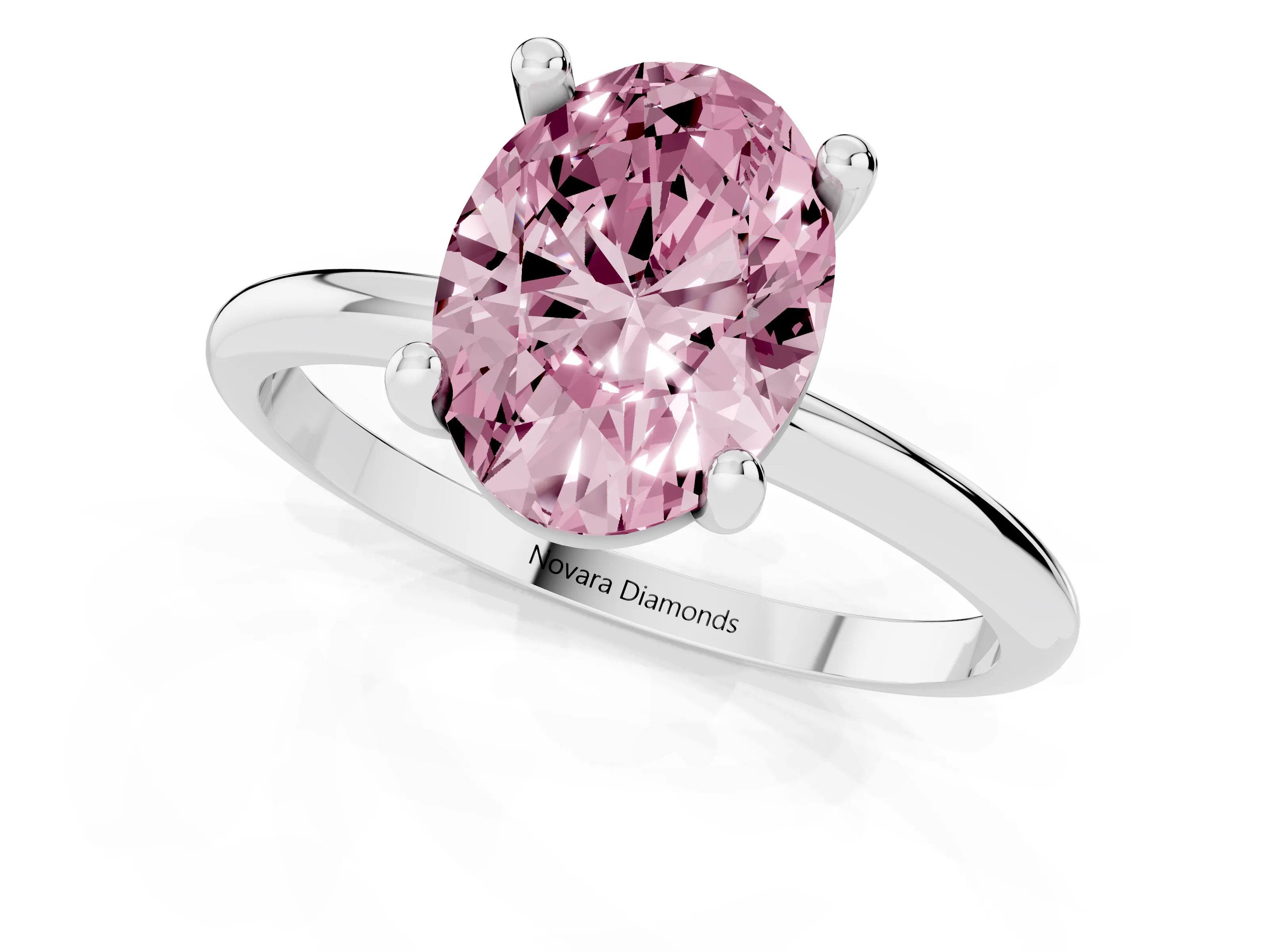Fancy Pink Oval Cut Diamond Solitaire Ring Set in Silver with Secure Prong Setting on a Classic Band