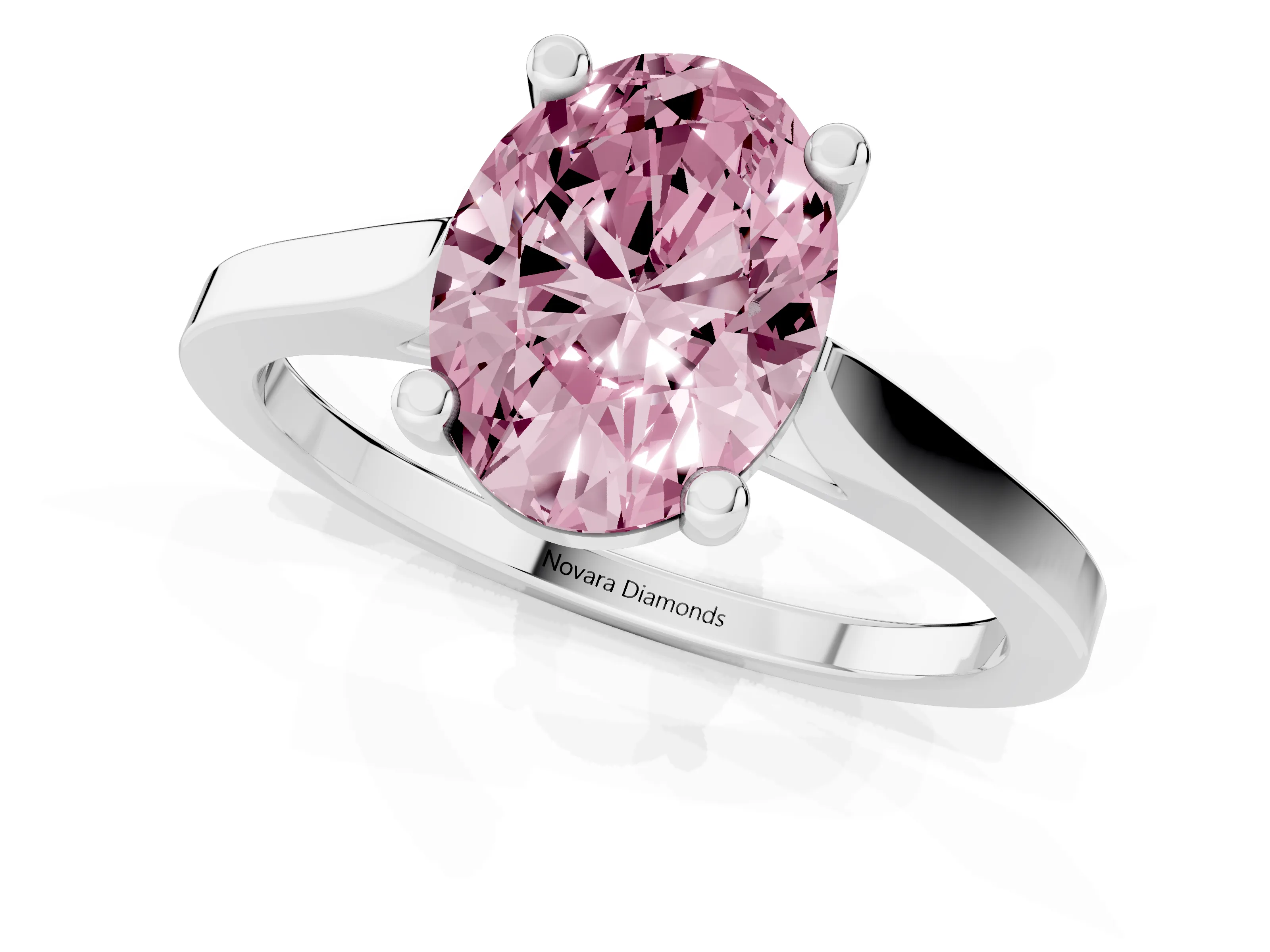 Fancy Pink Oval Cut Diamond Solitaire Ring Set in Platinum with Prong Setting and Tapered Band