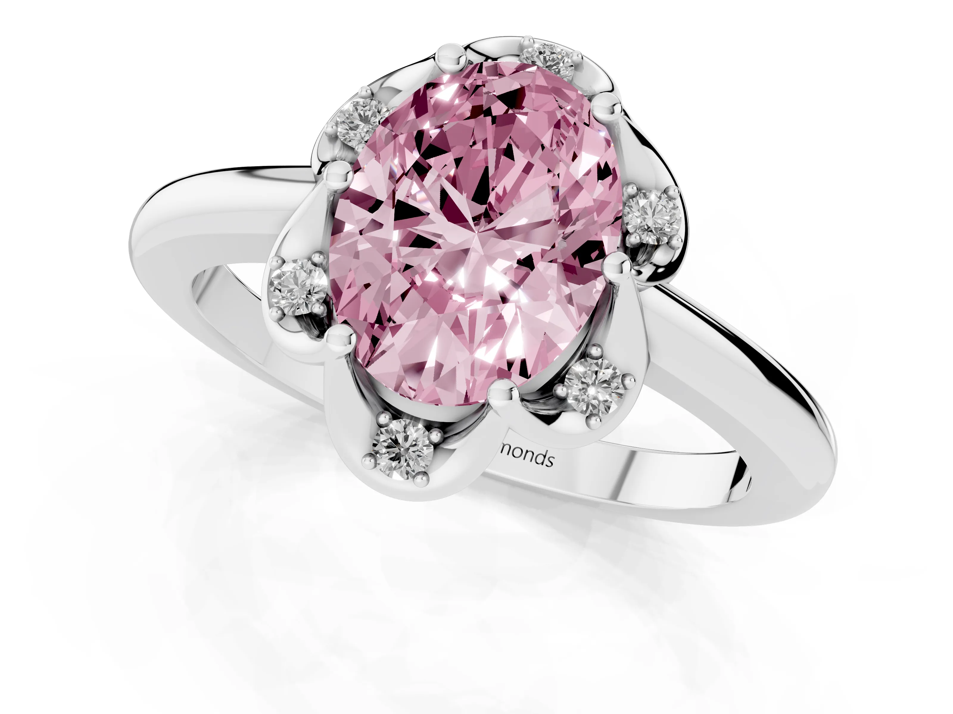 Fancy Pink Oval Cut Diamond Round Cluster Halo Ring Set in Platinum with Solitaire Band and Prong Setting