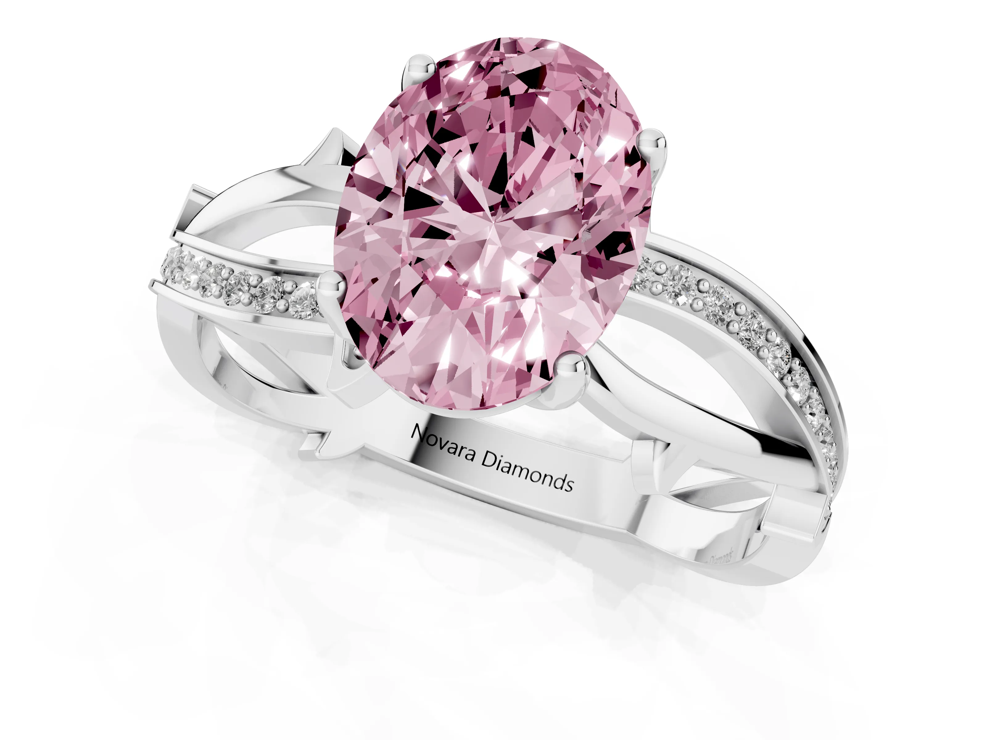 Fancy Pink Oval Cut Diamond Pavé Twist Band Solitaire Ring Set in Platinum with Prong Setting