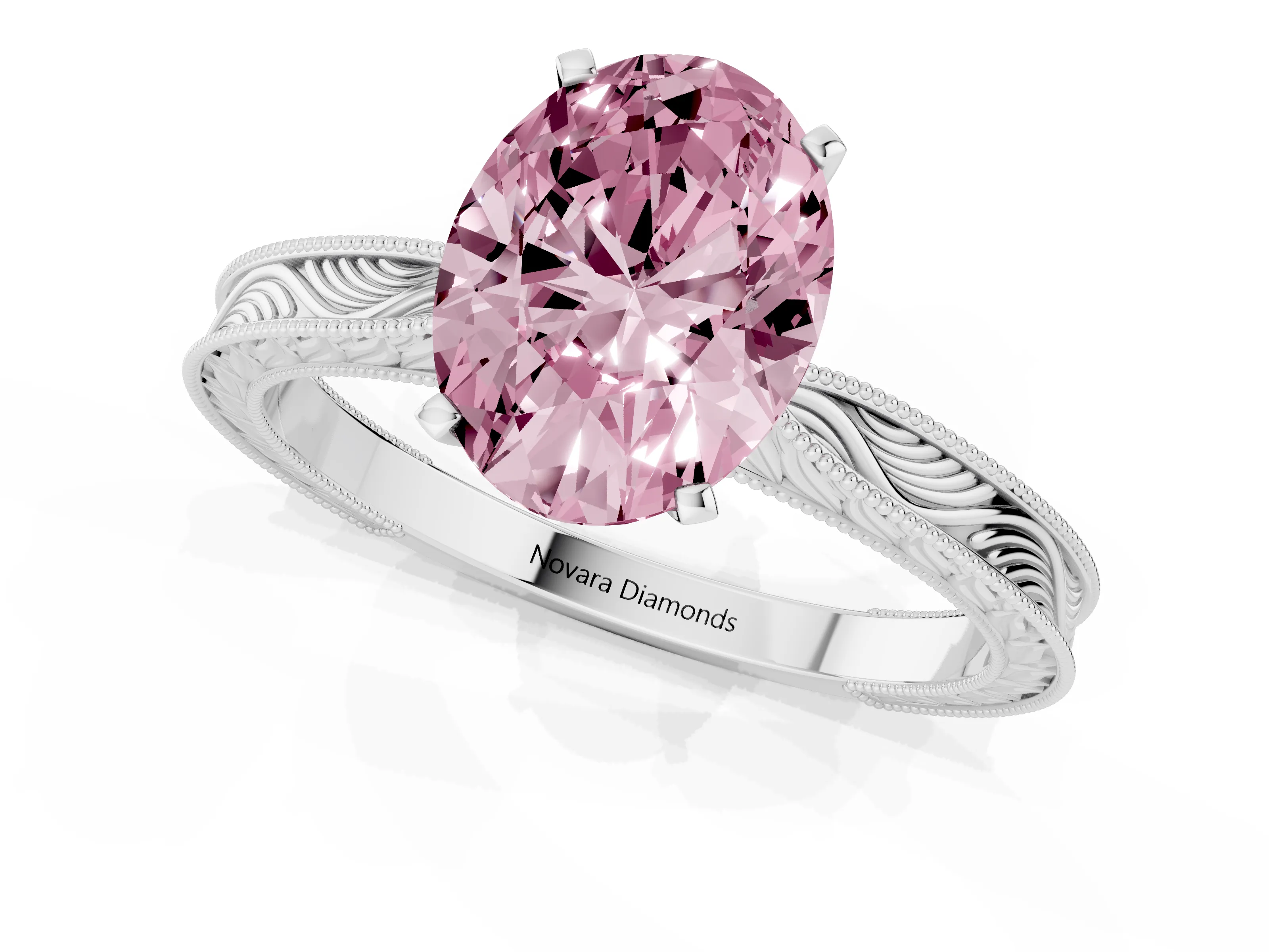 Fancy Pink Oval Cut Diamond Solitaire Milgrain Engraved Band Set in White gold with Prong Setting