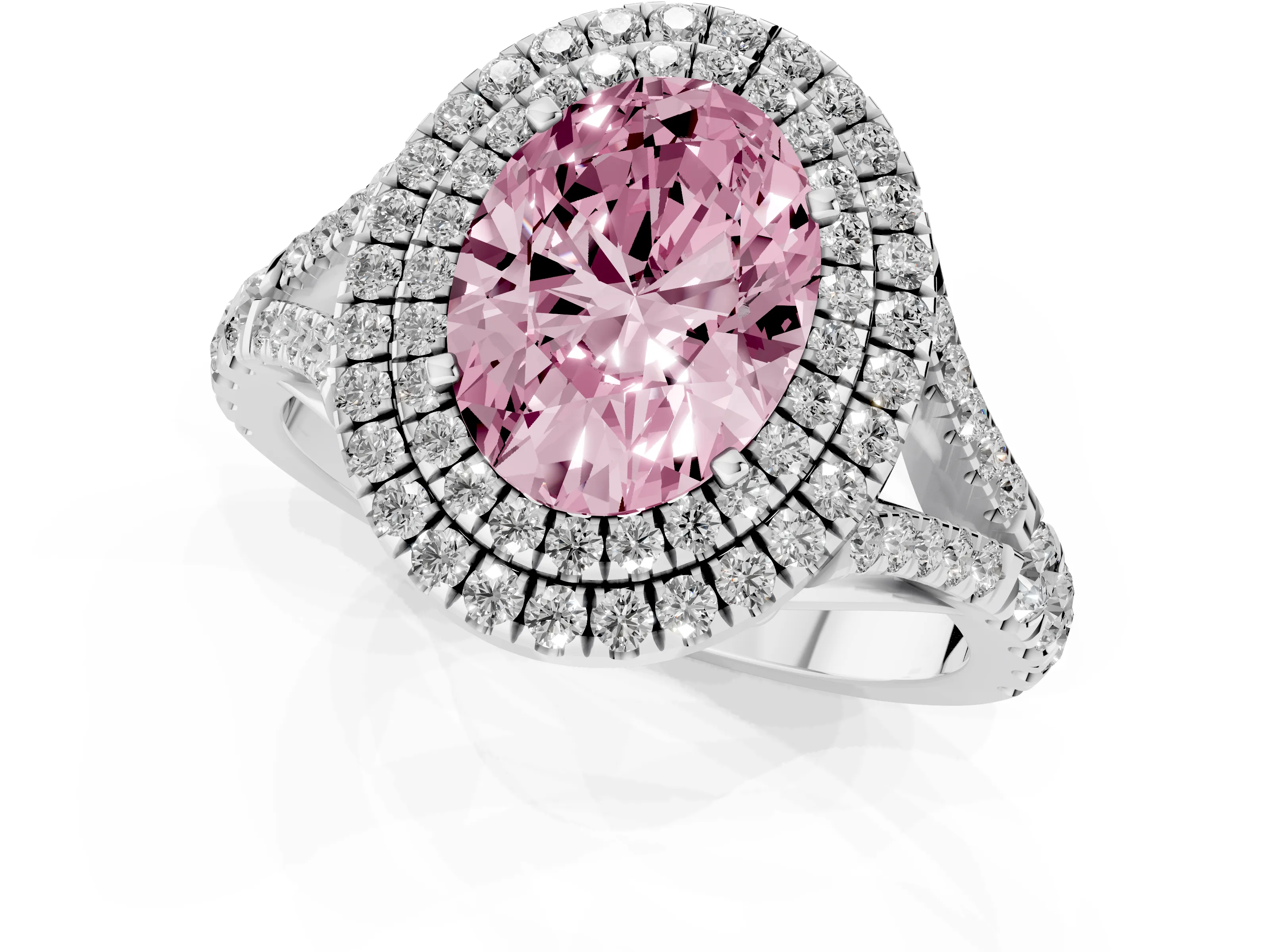Fancy Pink Oval Cut Diamond Pavé Split Shank Double Halo Engagement Ring Set in Silver