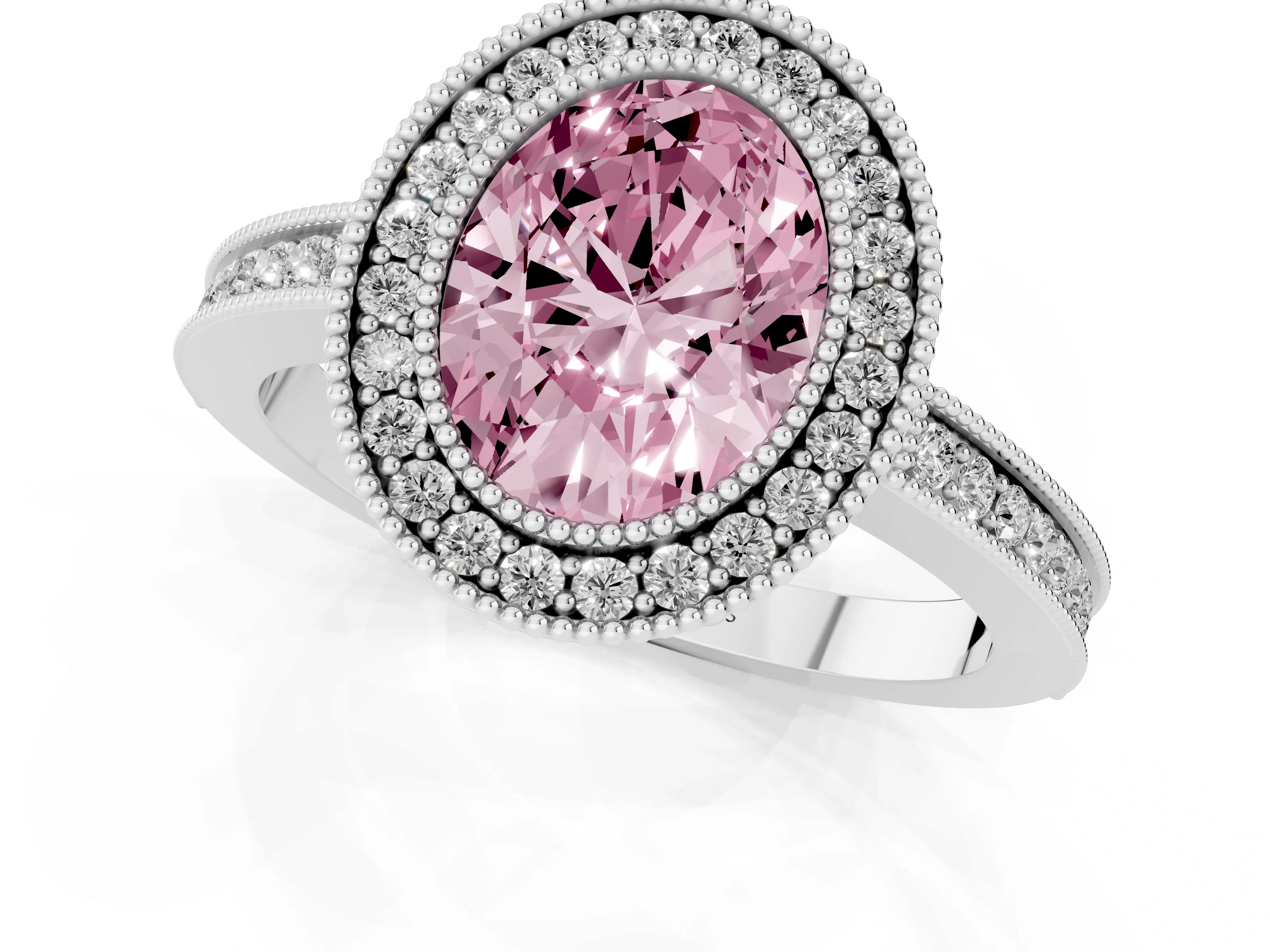 Fancy Pink Oval Cut Diamond Halo Ring Set in Platinum with Pavé Band and Milgrain-Edged Prongs