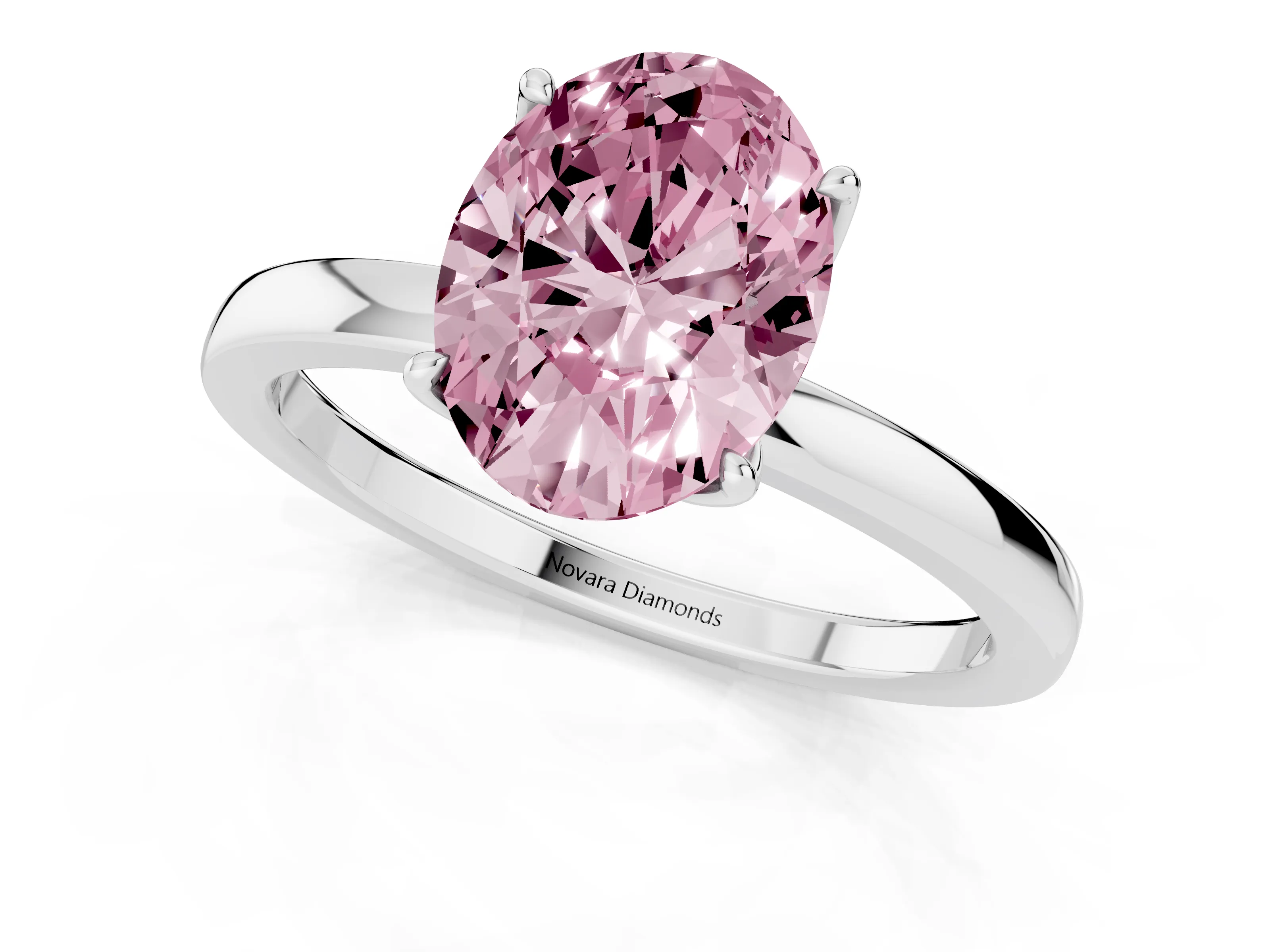Fancy Pink Oval Cut Diamond Solitaire Ring Set in White gold with Prong Setting and Thin Polished Band