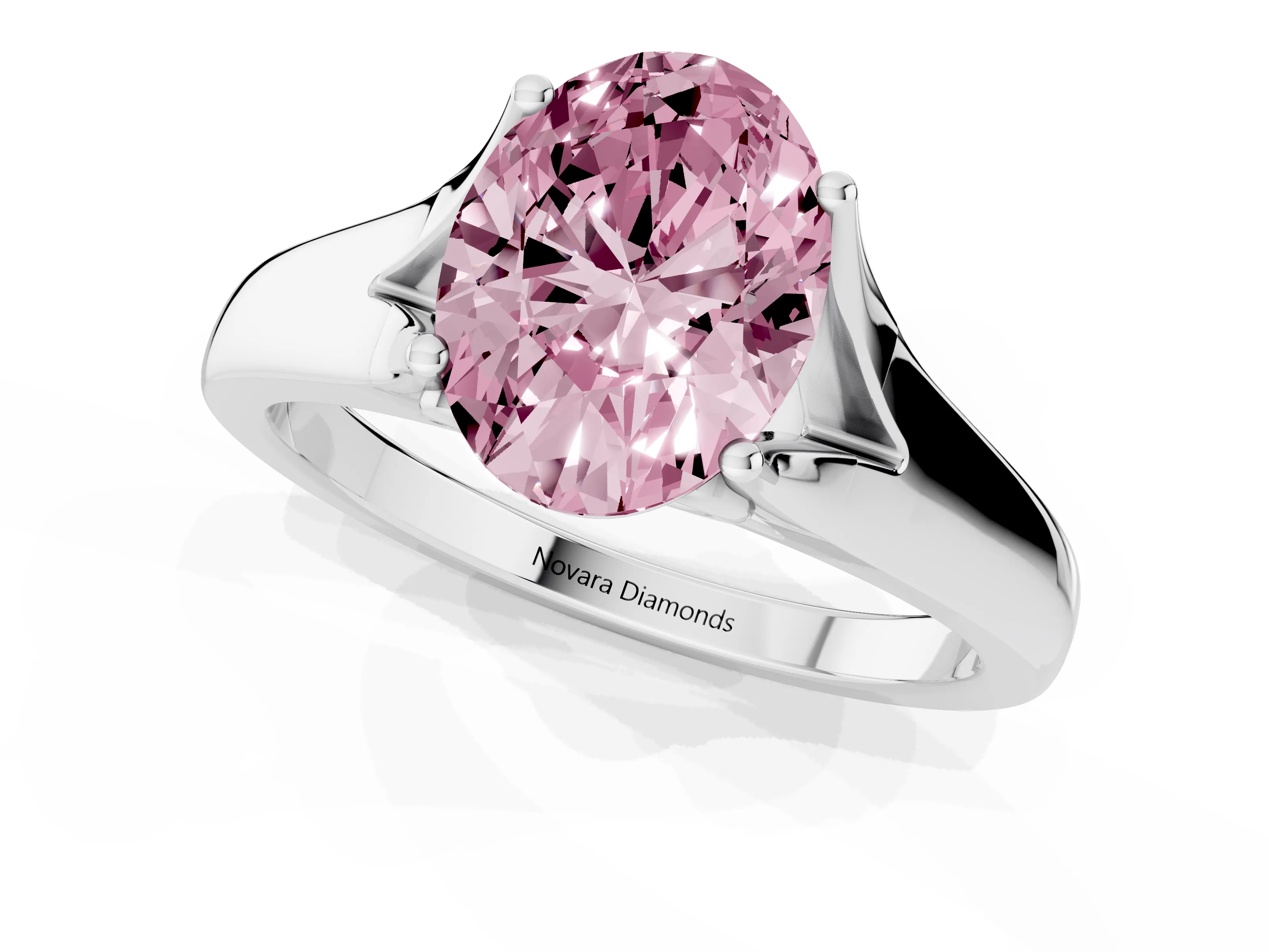 Fancy Pink Oval Cut Diamond Solitaire Ring Set in Silver with Arched Cathedral Band and Prong Setting
