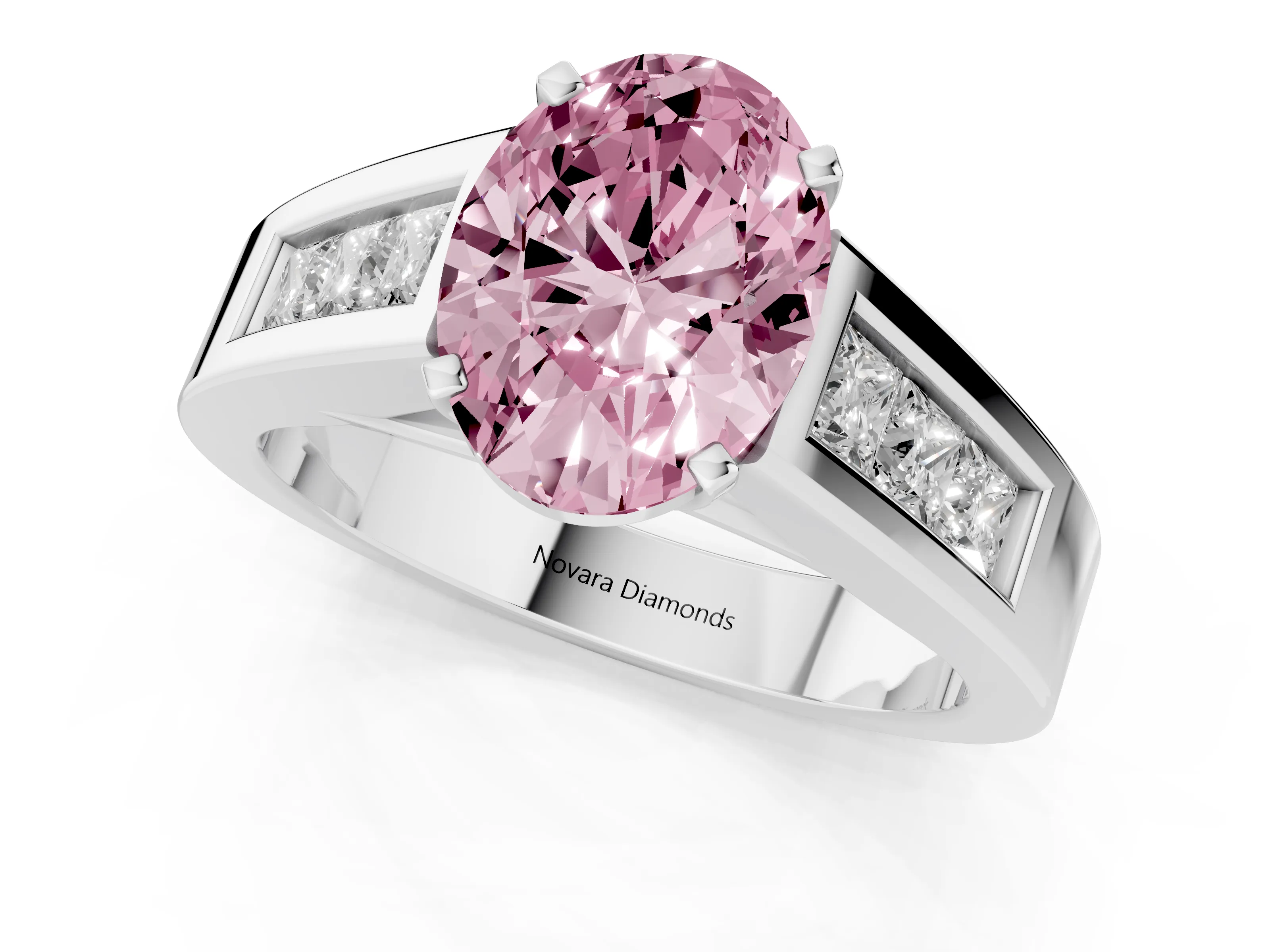 Fancy Pink Oval Cut Diamond Solitaire Ring Set in Platinum with Channel-Set Accent Stones and Prong Setting