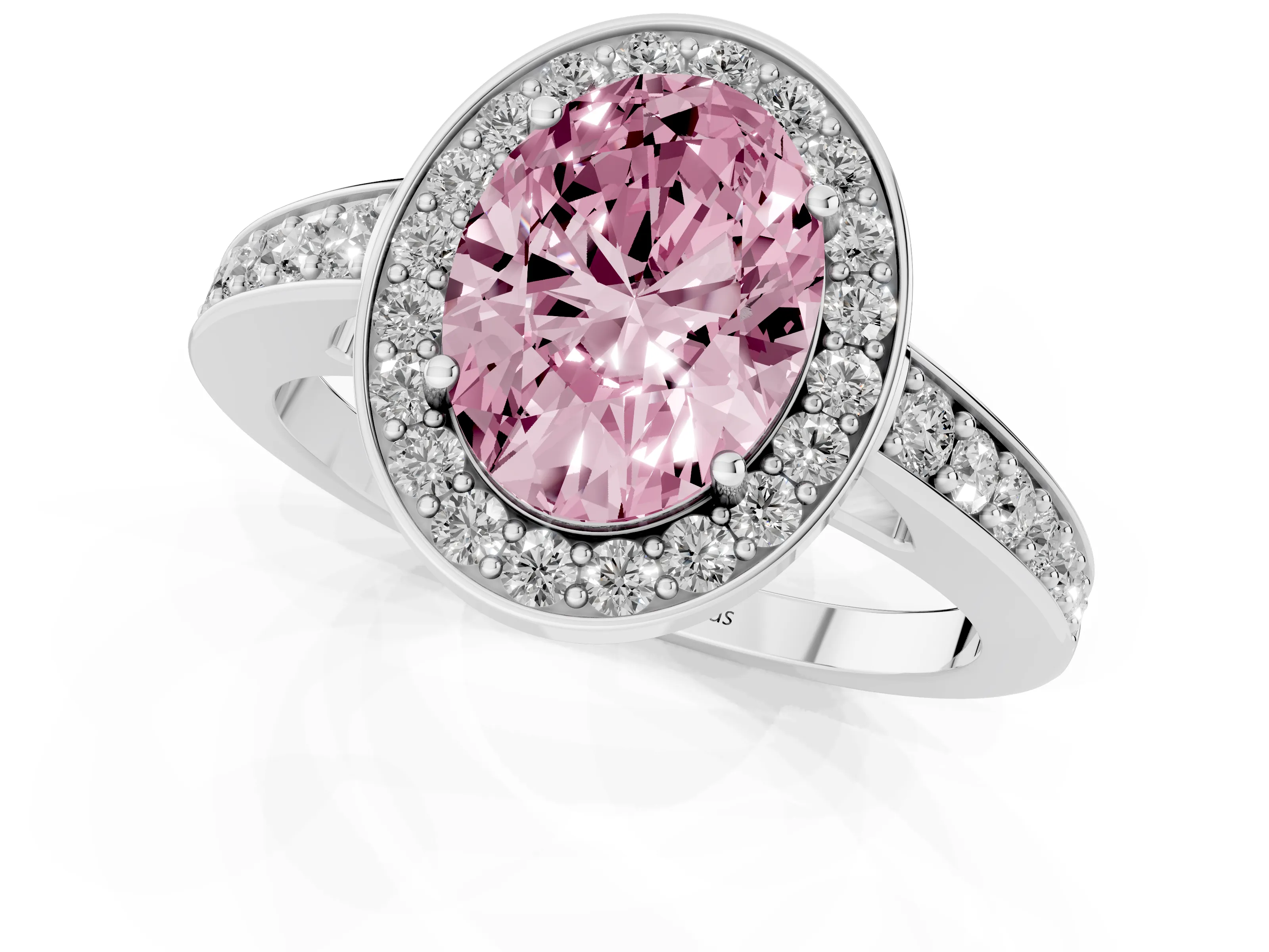 Fancy Pink Oval Cut Diamond Halo Pavé Engagement Ring Set in Platinum with Bezel Setting