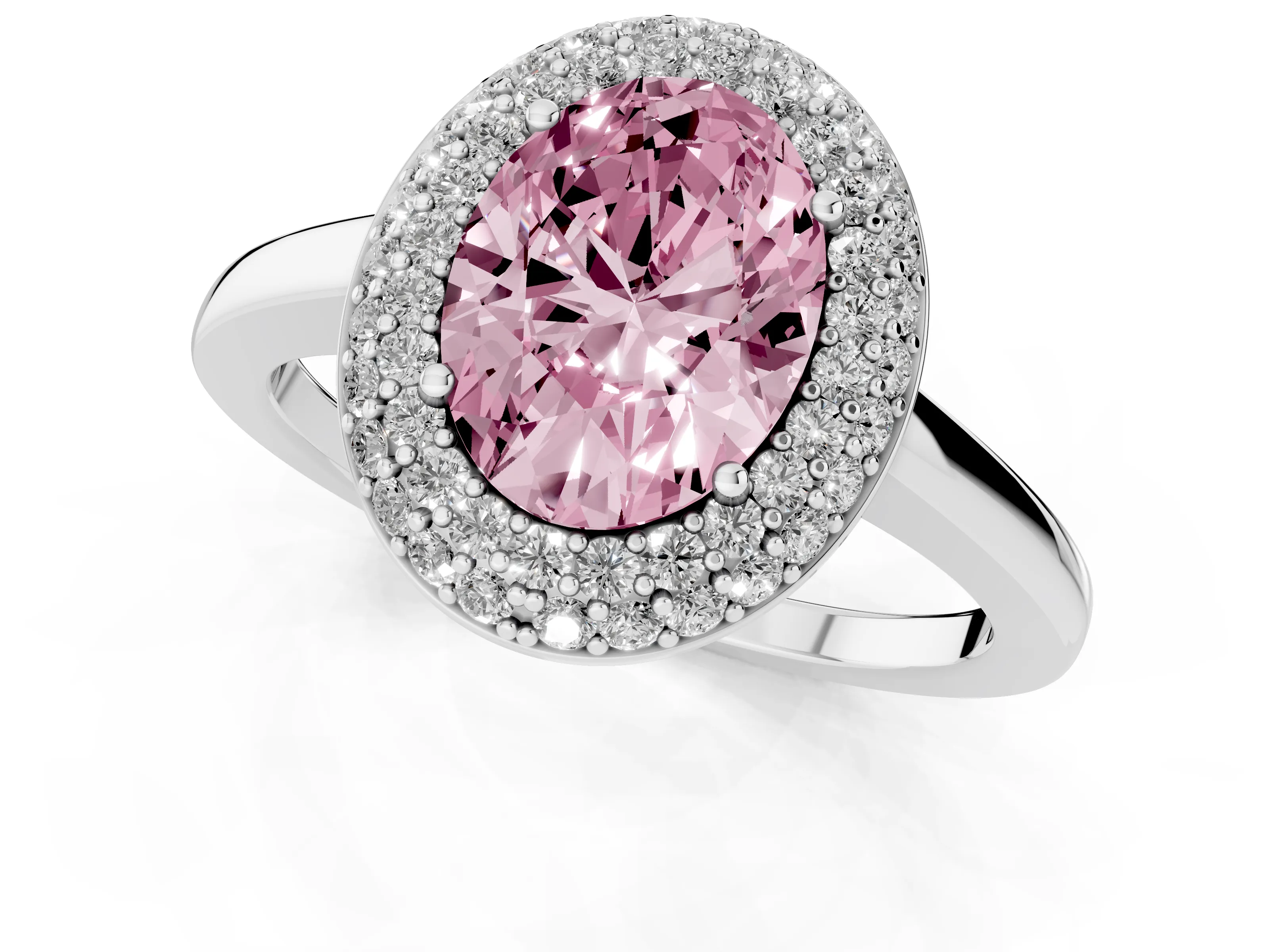 Fancy Pink Oval Cut Diamond Halo Engagement Ring Set in White gold with Solitaire Band and Prong Setting