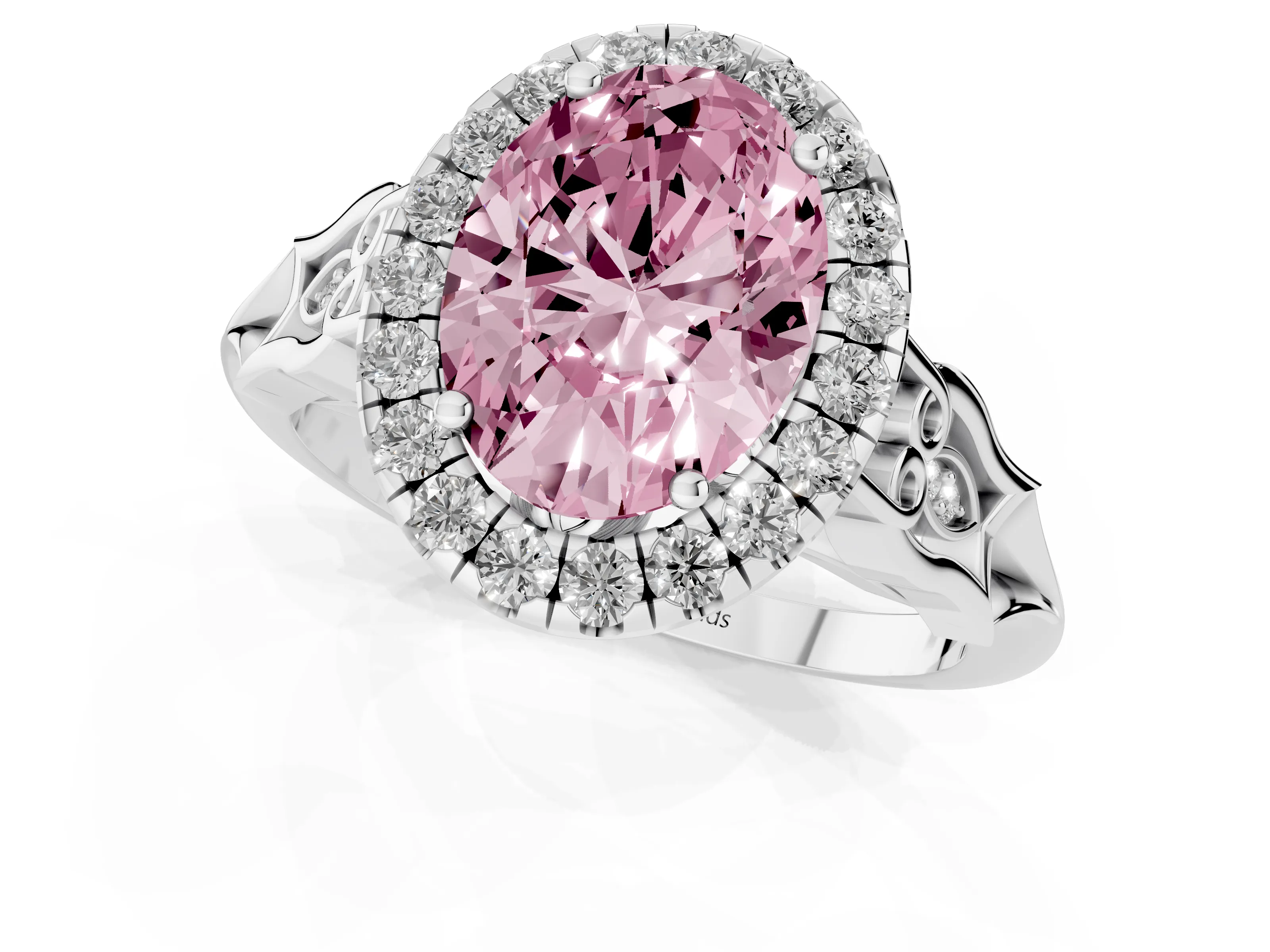 Fancy Pink Oval Cut Diamond Halo Engagement Ring Set in Platinum with Filigree Band and Prong-Set Center – second view