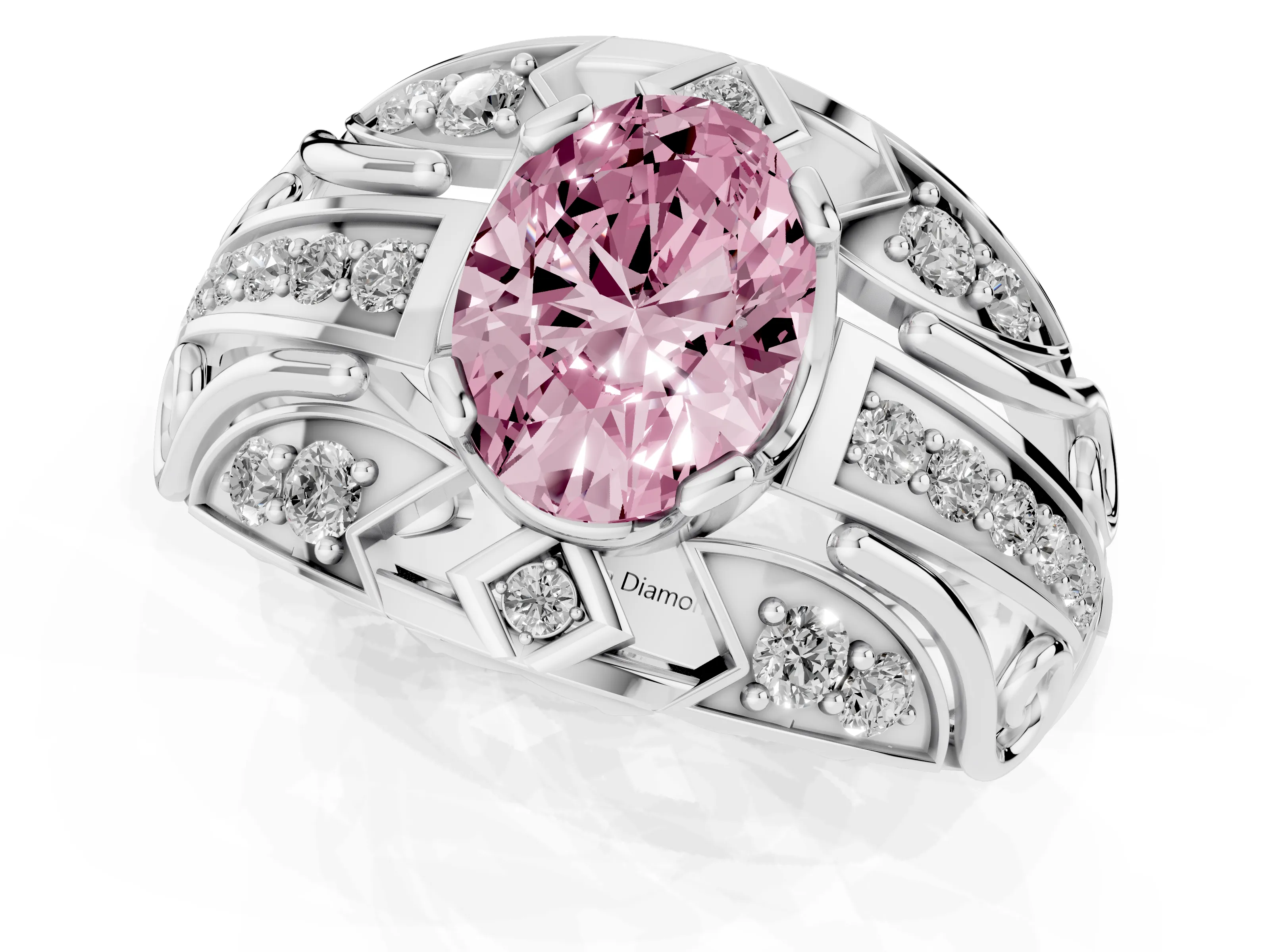 Fancy Pink Oval Cut Diamond Art Deco Ring Set in Silver with Pavé Split Shank