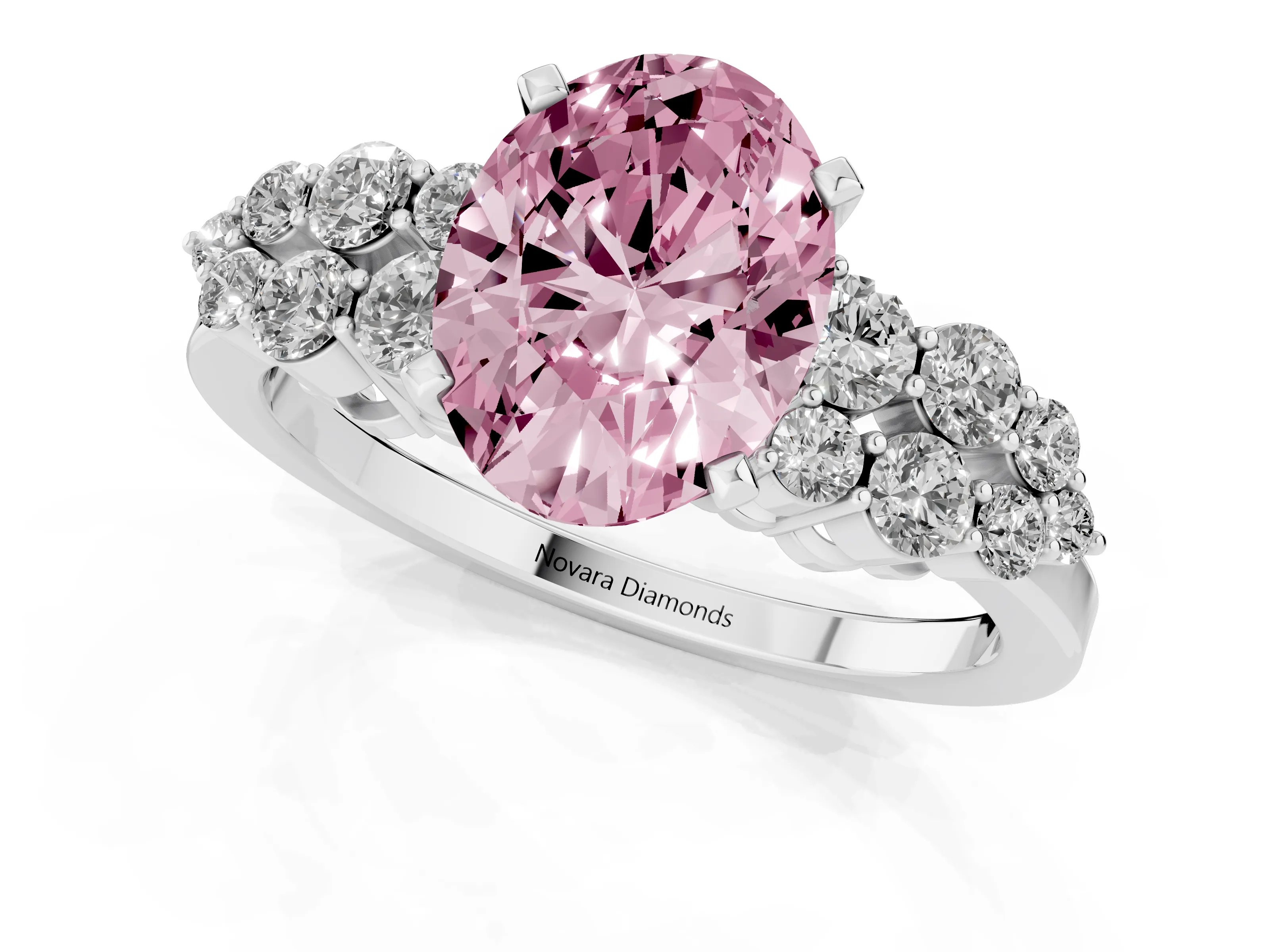 Fancy Pink Oval Cut Diamond Cluster Engagement Ring Set in Silver with Pavé Band and Prong Setting