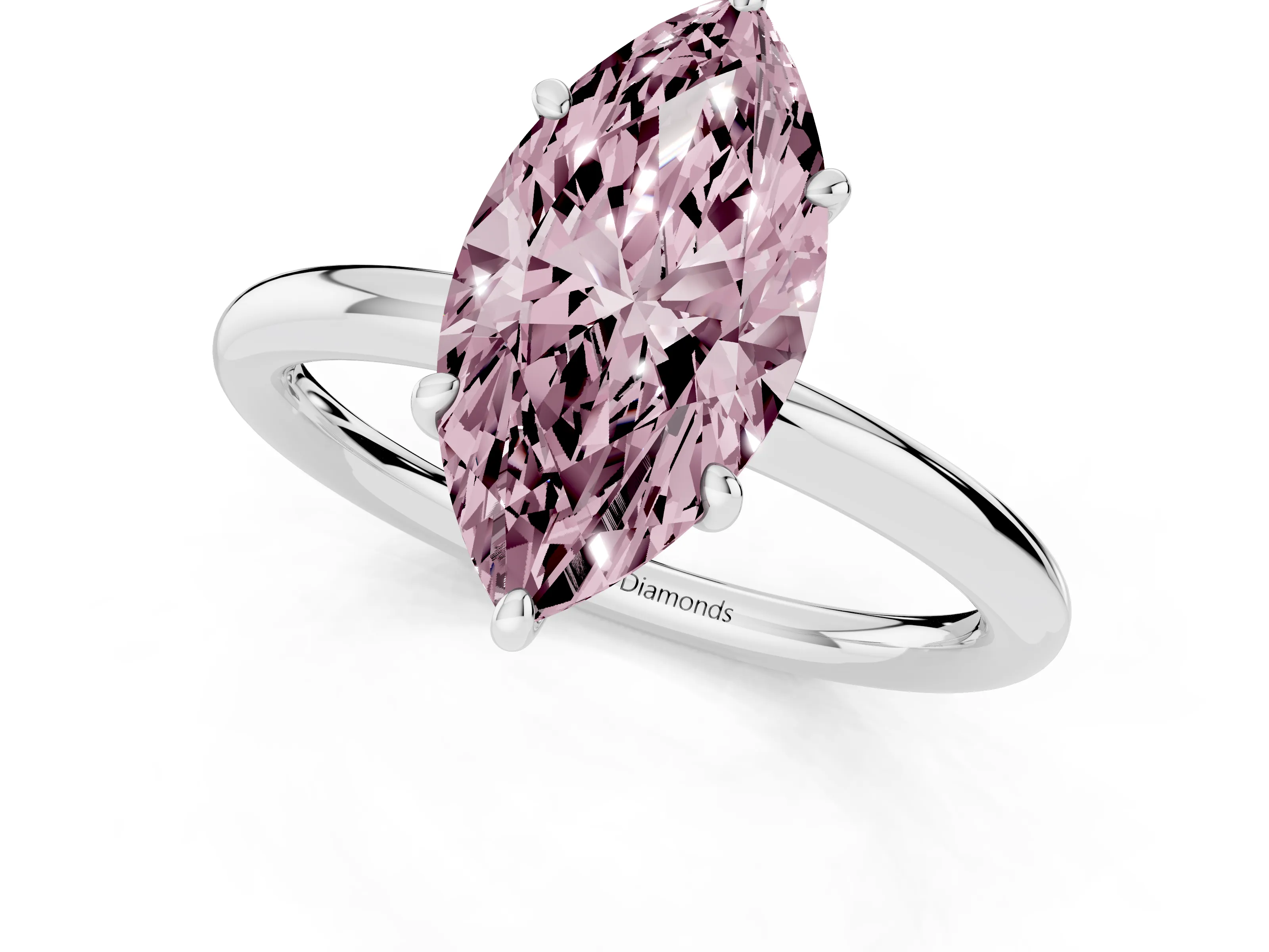 Fancy Pink Oval Cut Diamond Solitaire Ring Set in Silver with Prong Setting on a Polished Plain Band