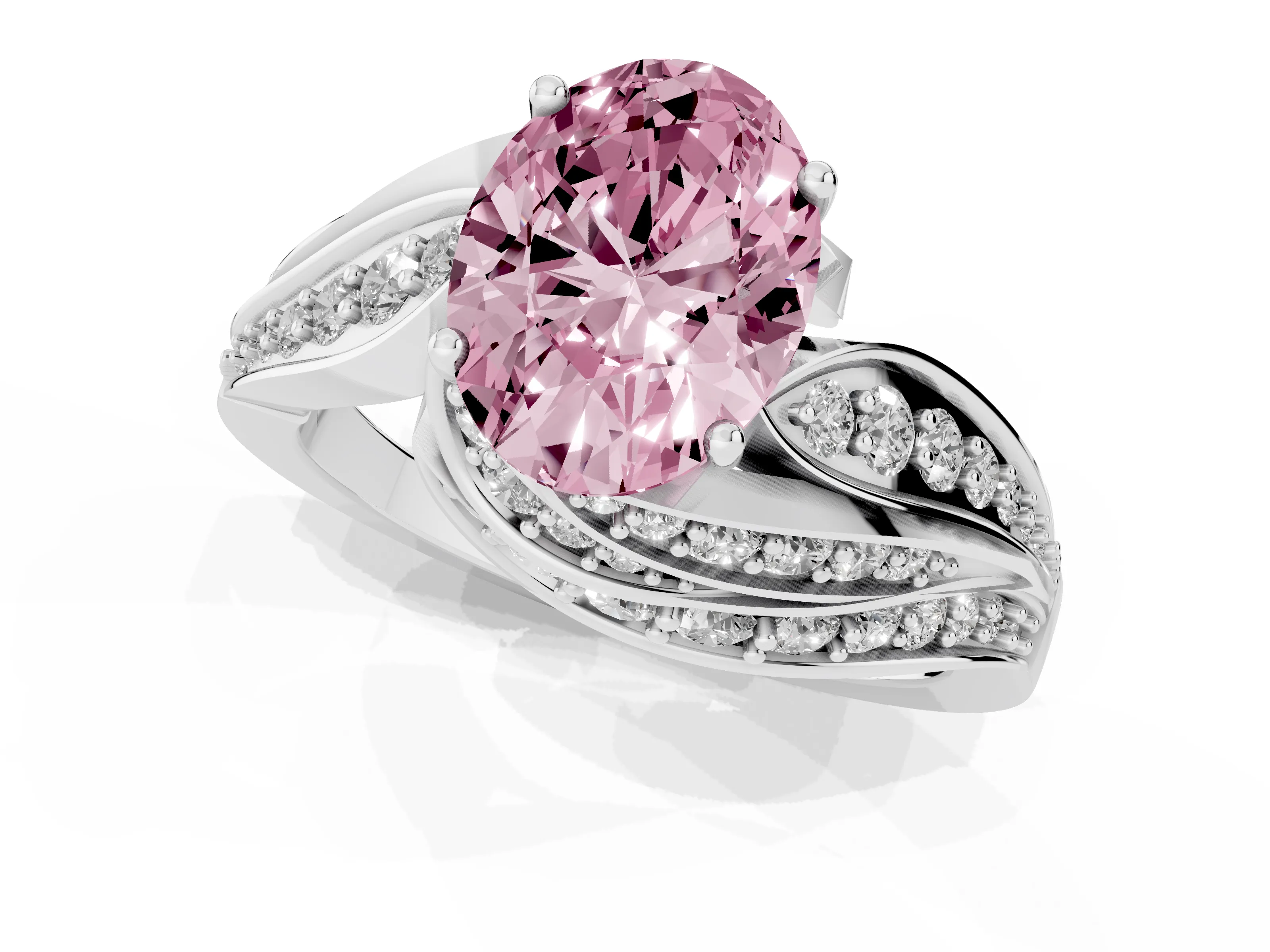 Fancy Pink Oval Cut Diamond Solitaire Ring Set in Platinum with Layered Twist Pavé Band