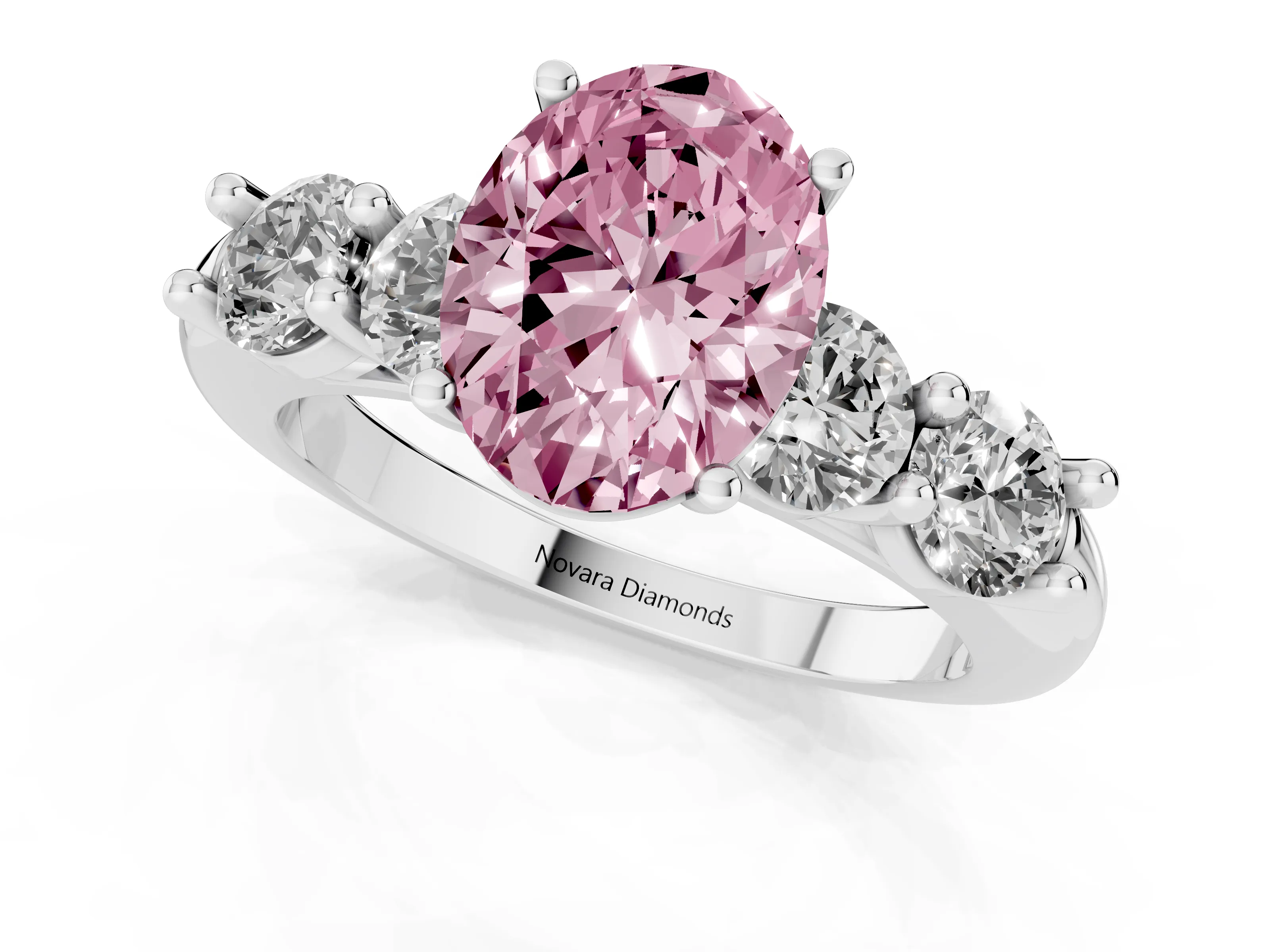 Fancy Pink Oval Cut Diamond Five-Stone Prong Set Ring Set in Silver with Classic Band