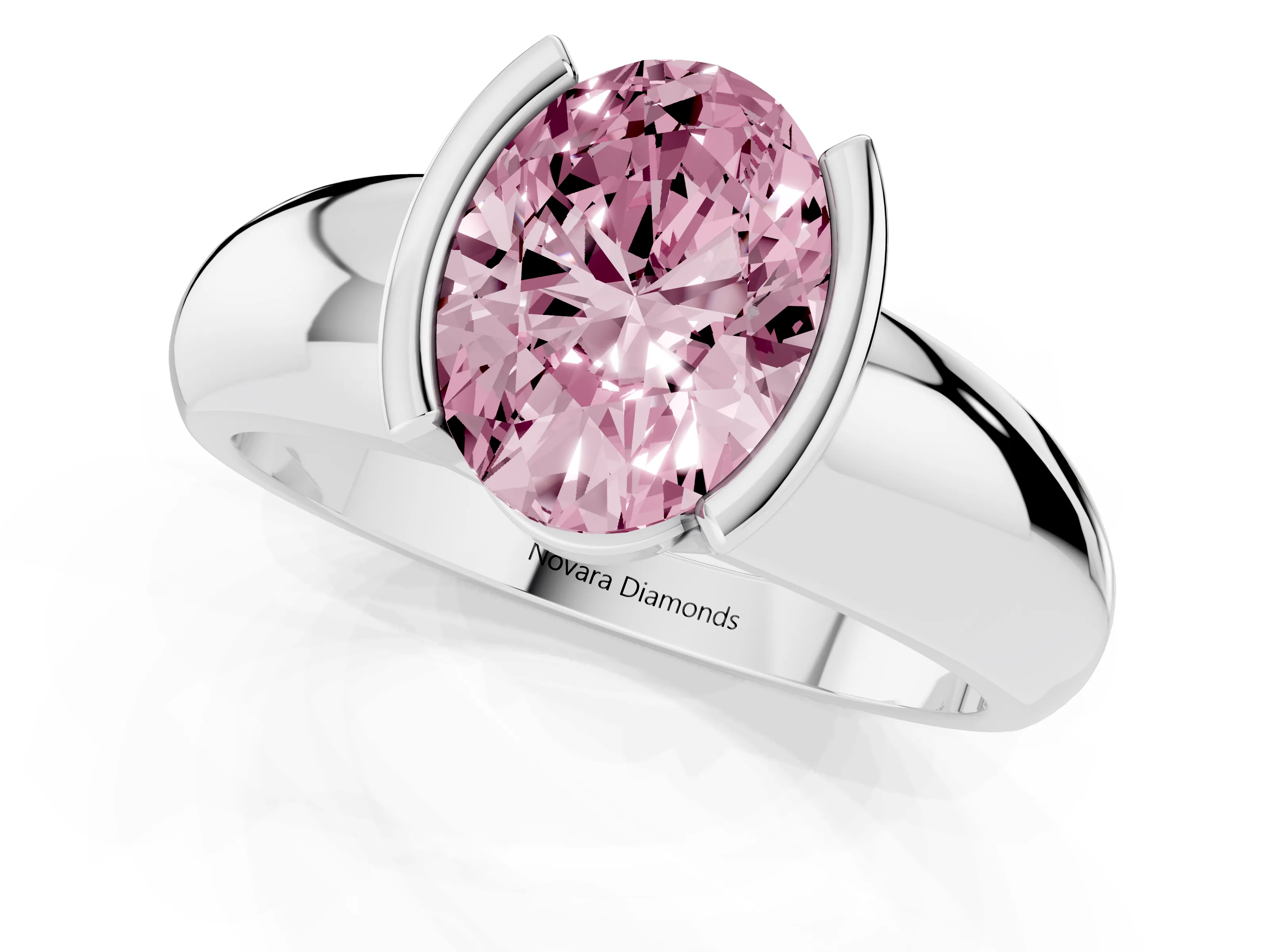 Fancy Pink Oval Cut Diamond Solitaire Tension Set Ring Set in Silver with Wide Band