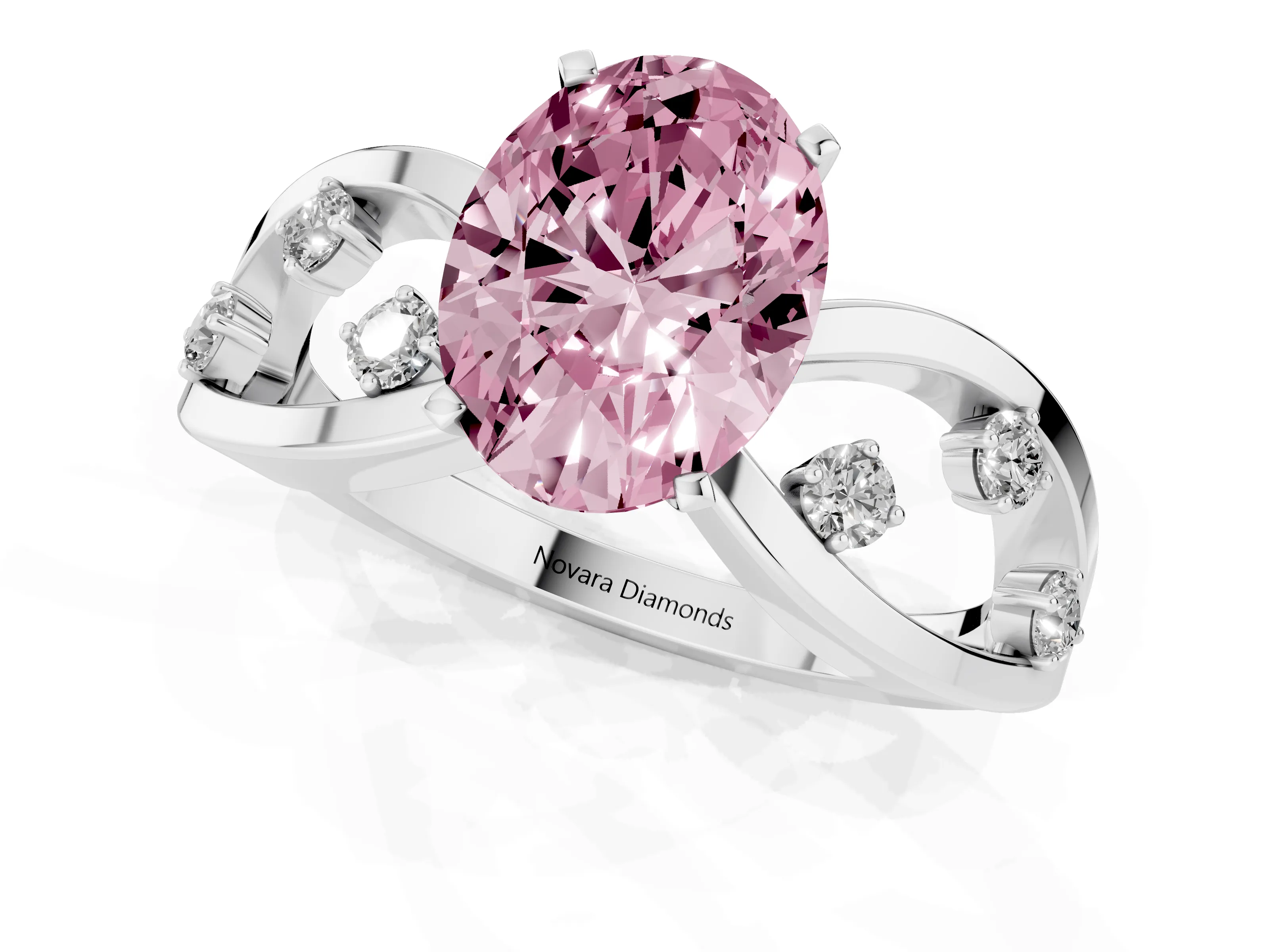 Fancy Pink Oval Cut Diamond Solitaire Ring Set in White gold with Side Stones on Criss-Cross Band and Prong Setting