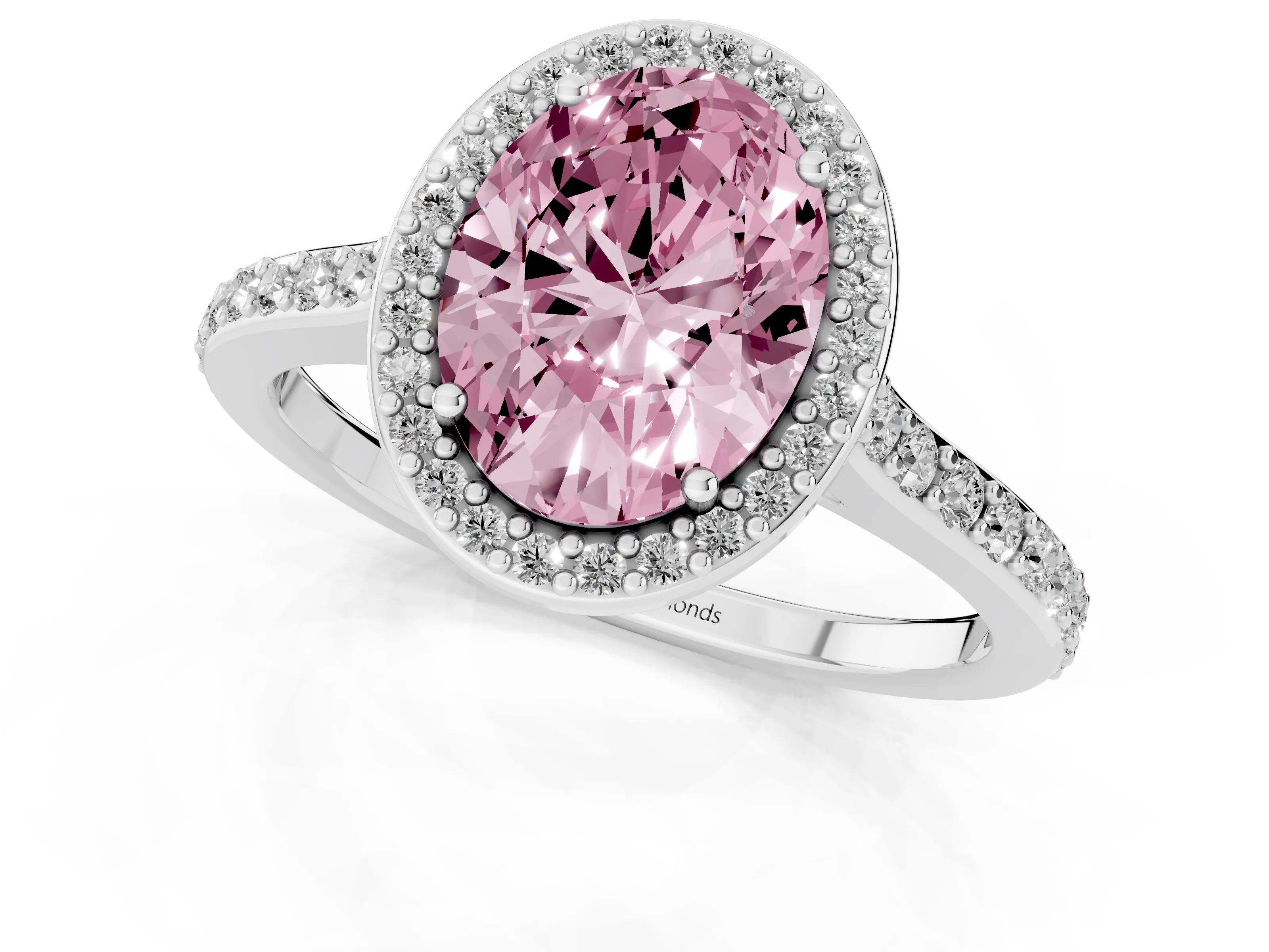 Fancy Pink Oval Cut Diamond Halo Engagement Ring Set in White gold with Round Pavé Shoulders and Heart Gallery