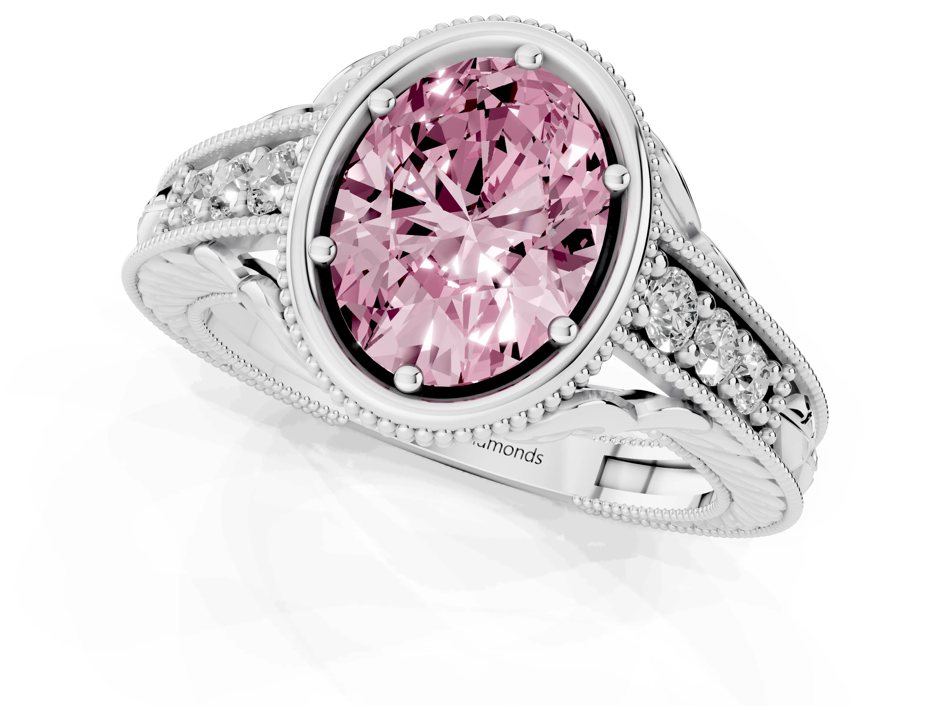 Fancy Pink Bezel Set Oval Cut Diamond Milgrain Pavé Engagement Ring Set in White gold