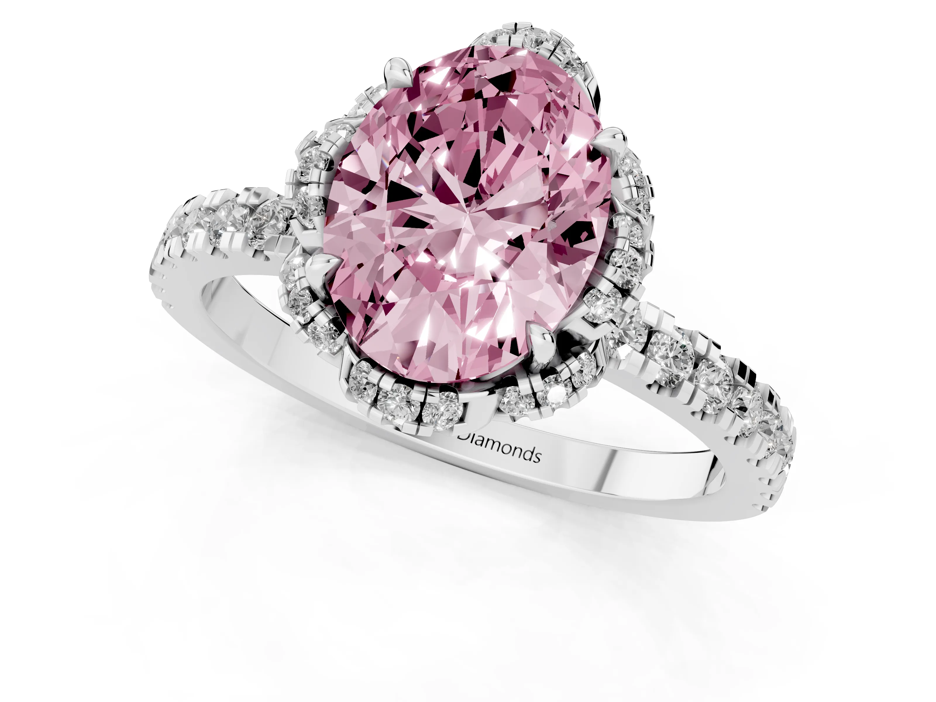 Fancy Pink Oval Cut Diamond Halo Pavé Band Ring Set in Platinum with Prong-Held Center