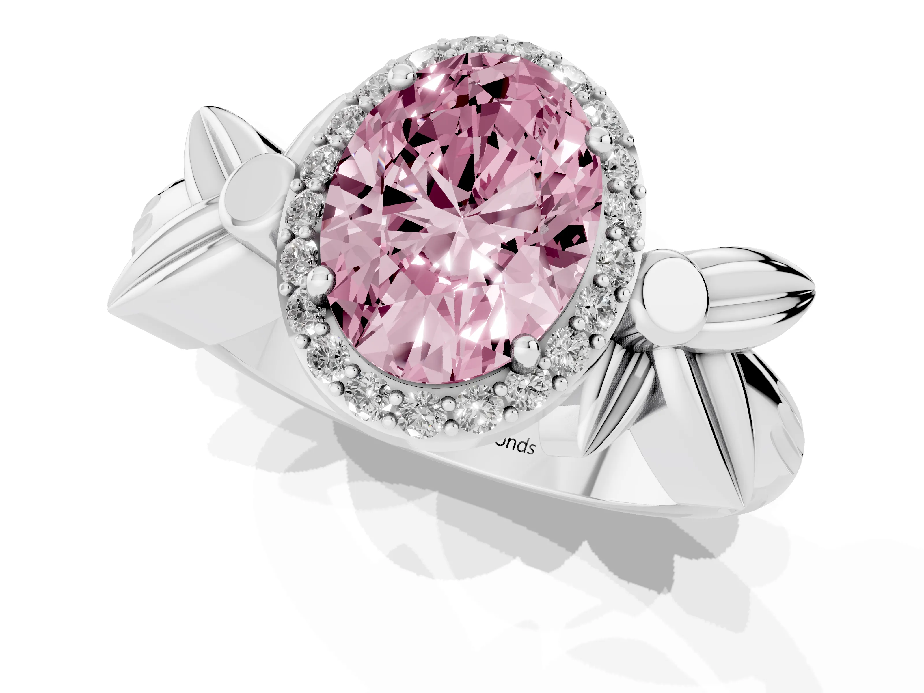 Fancy Pink Oval Cut Diamond Halo Floral Band Ring Set in Platinum with Prong Setting