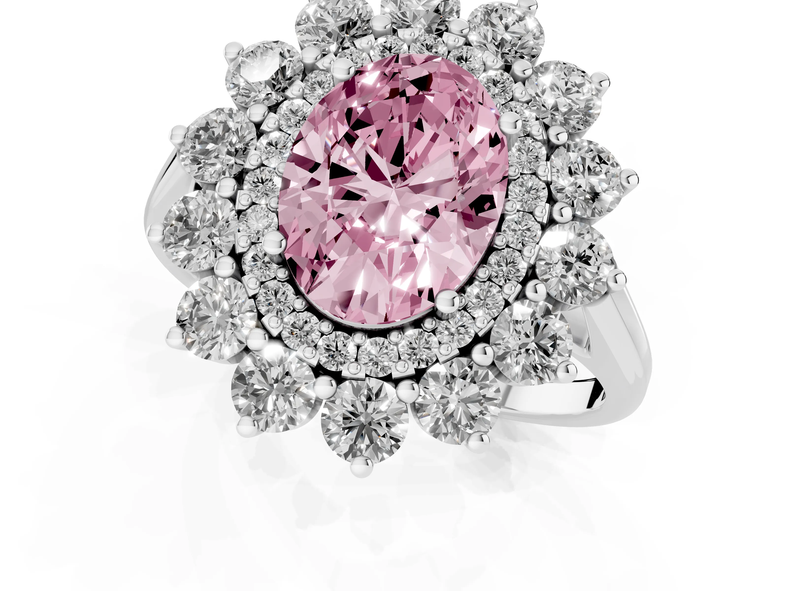 Fancy Pink Oval Cut Diamond Floral Double Halo Ring Set in Platinum with Round Petals