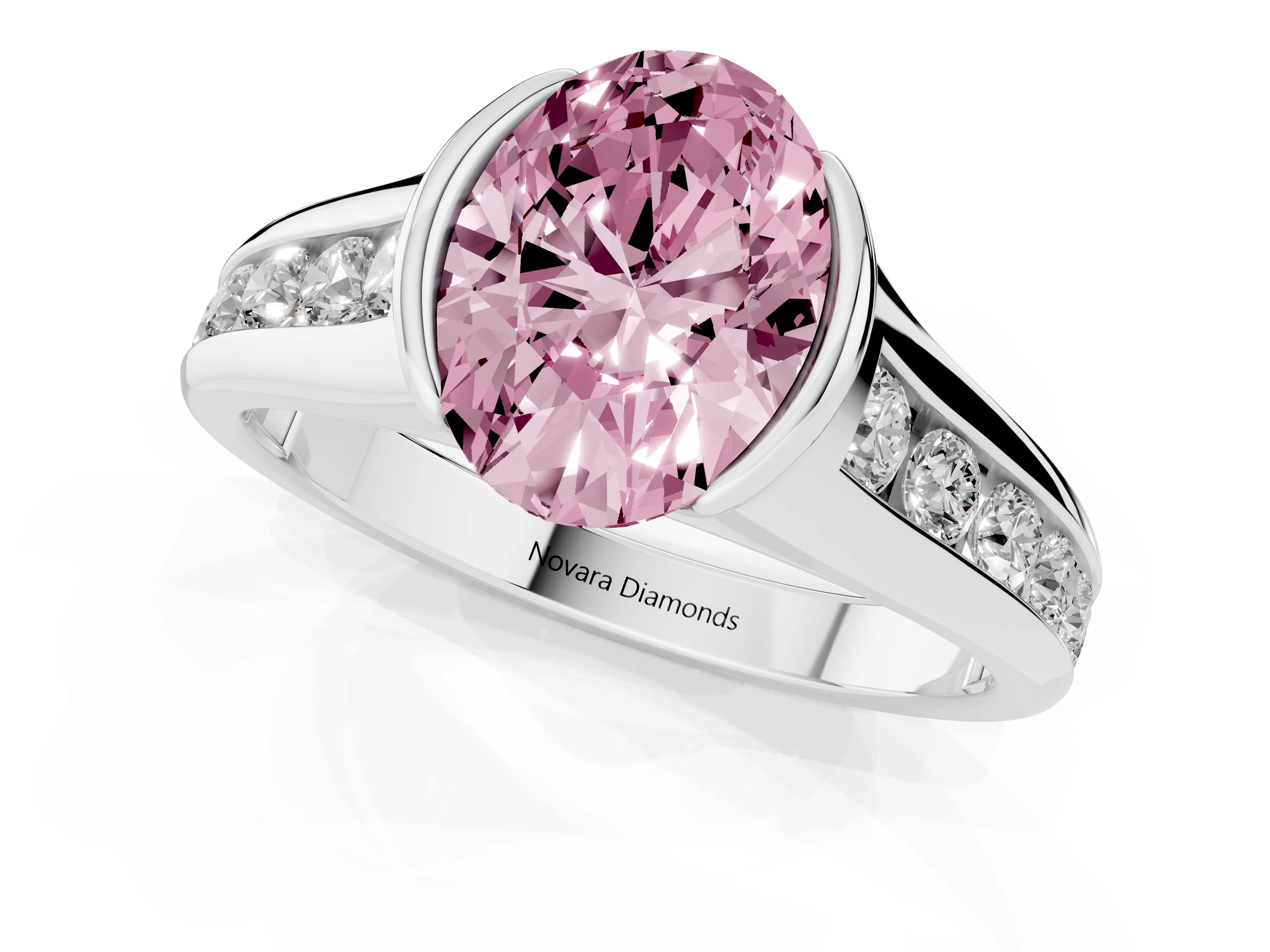 Fancy Pink Oval Cut Diamond Bezel-Set Solitaire Ring Set in Silver with Channel-Set Band