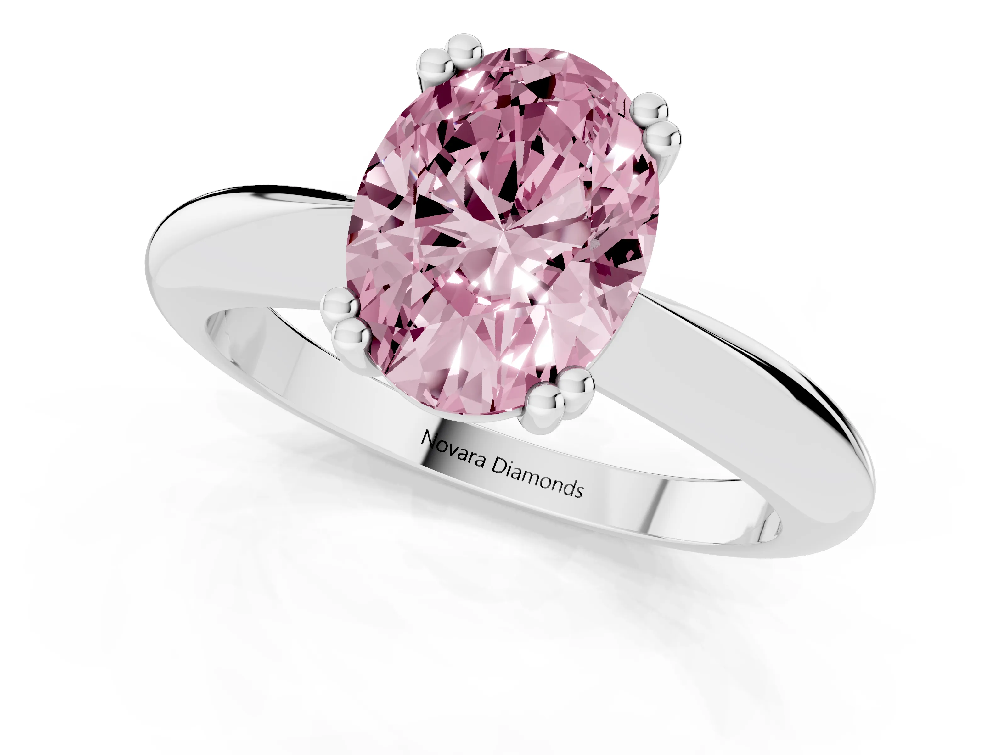 Fancy Pink Oval Cut Diamond Solitaire Engagement Ring Set in Platinum with Tapered Band and Prong Setting