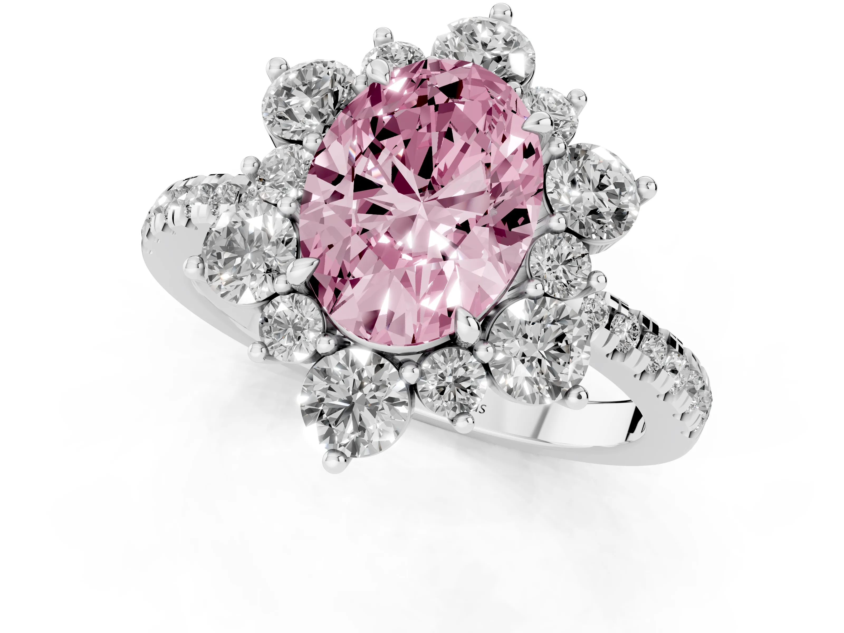 Fancy Pink Oval Cut Diamond Floral Halo Ring Set in Platinum with Round Pavé Band and Prong Setting