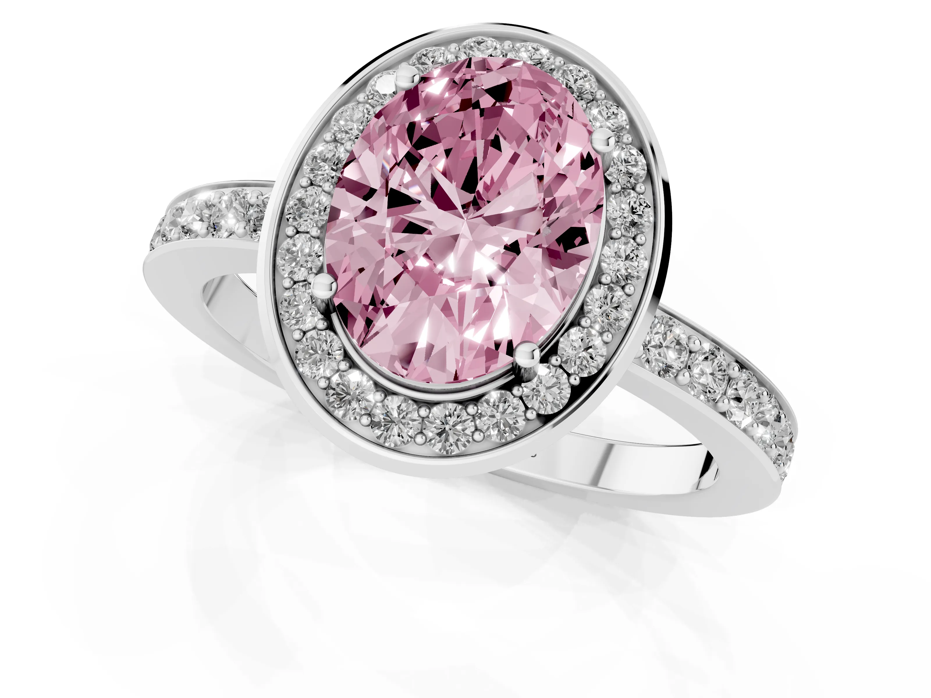 Fancy Pink Oval Cut Diamond Halo Ring Set in White gold with Bezel Frame and Pavé Band