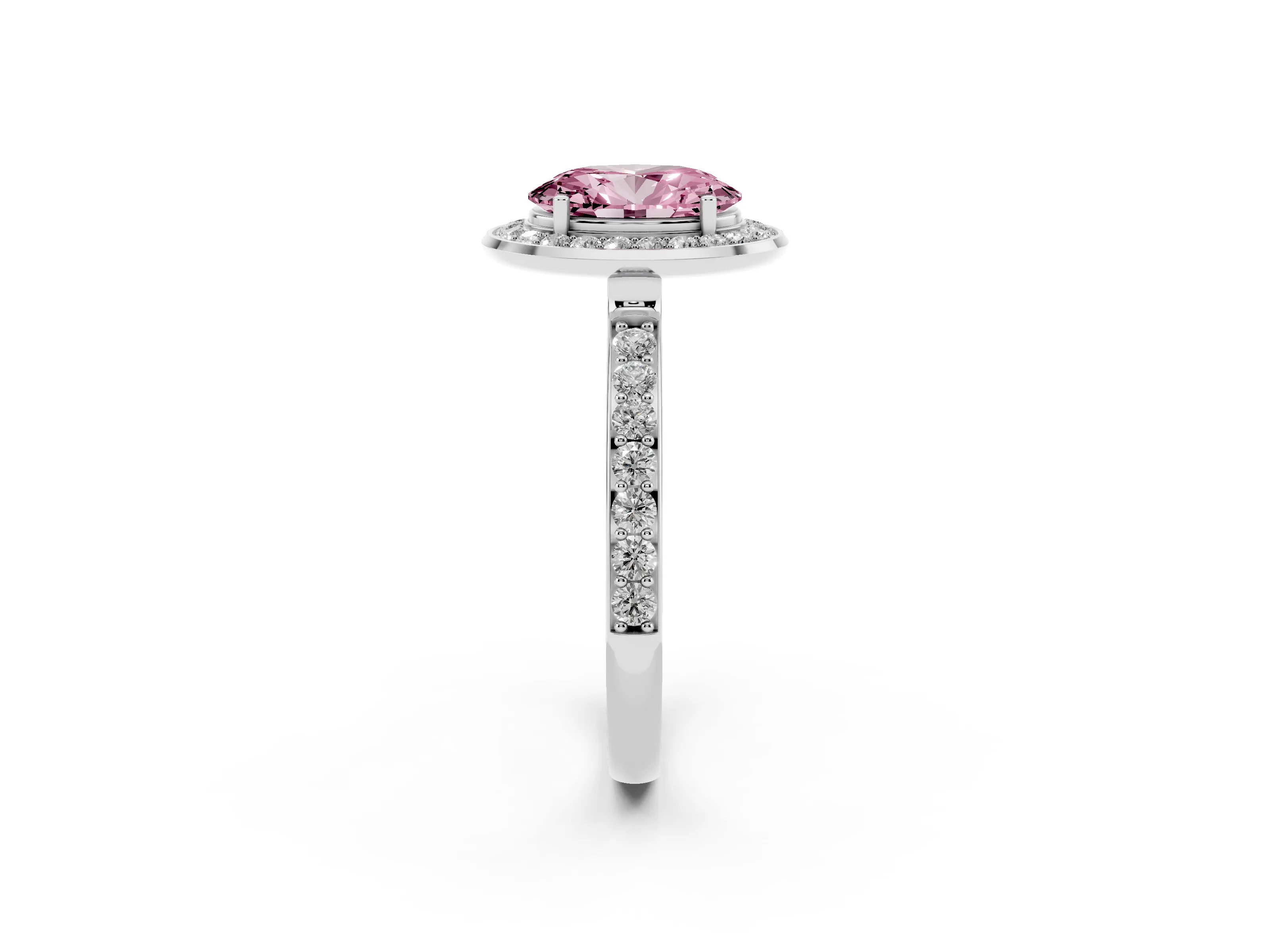 Fancy Pink Oval Cut Diamond Halo Ring Set in White gold with Bezel Frame and Pavé Band