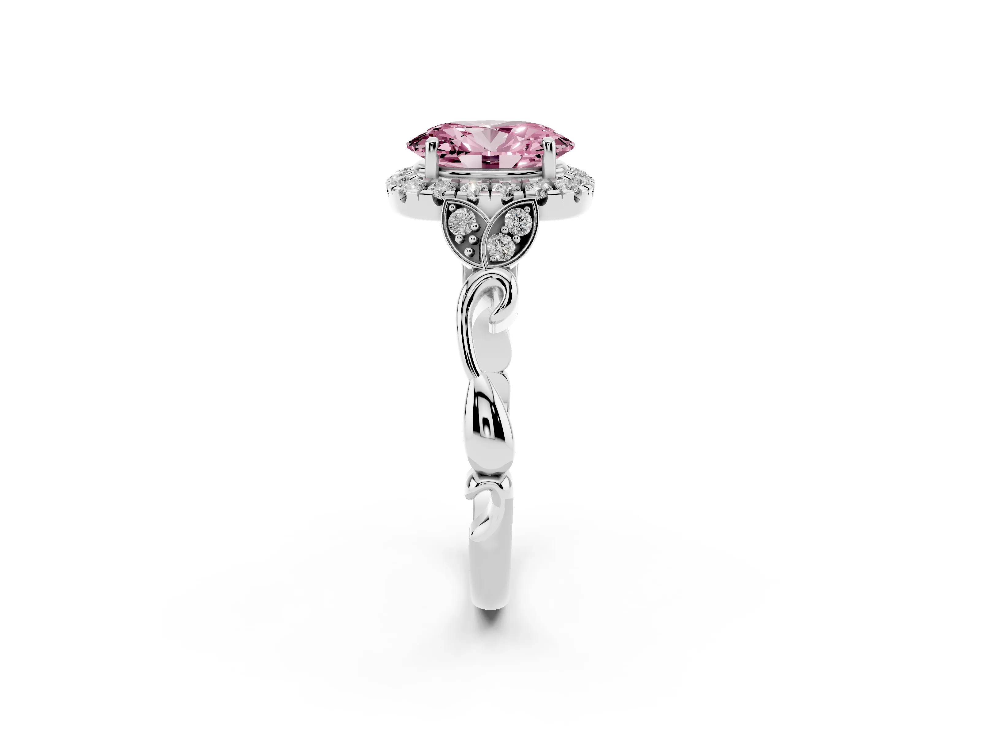 Fancy Pink Oval Cut Diamond Halo Engagement Ring Set in White gold with Vintage-Inspired Band and Prong Setting