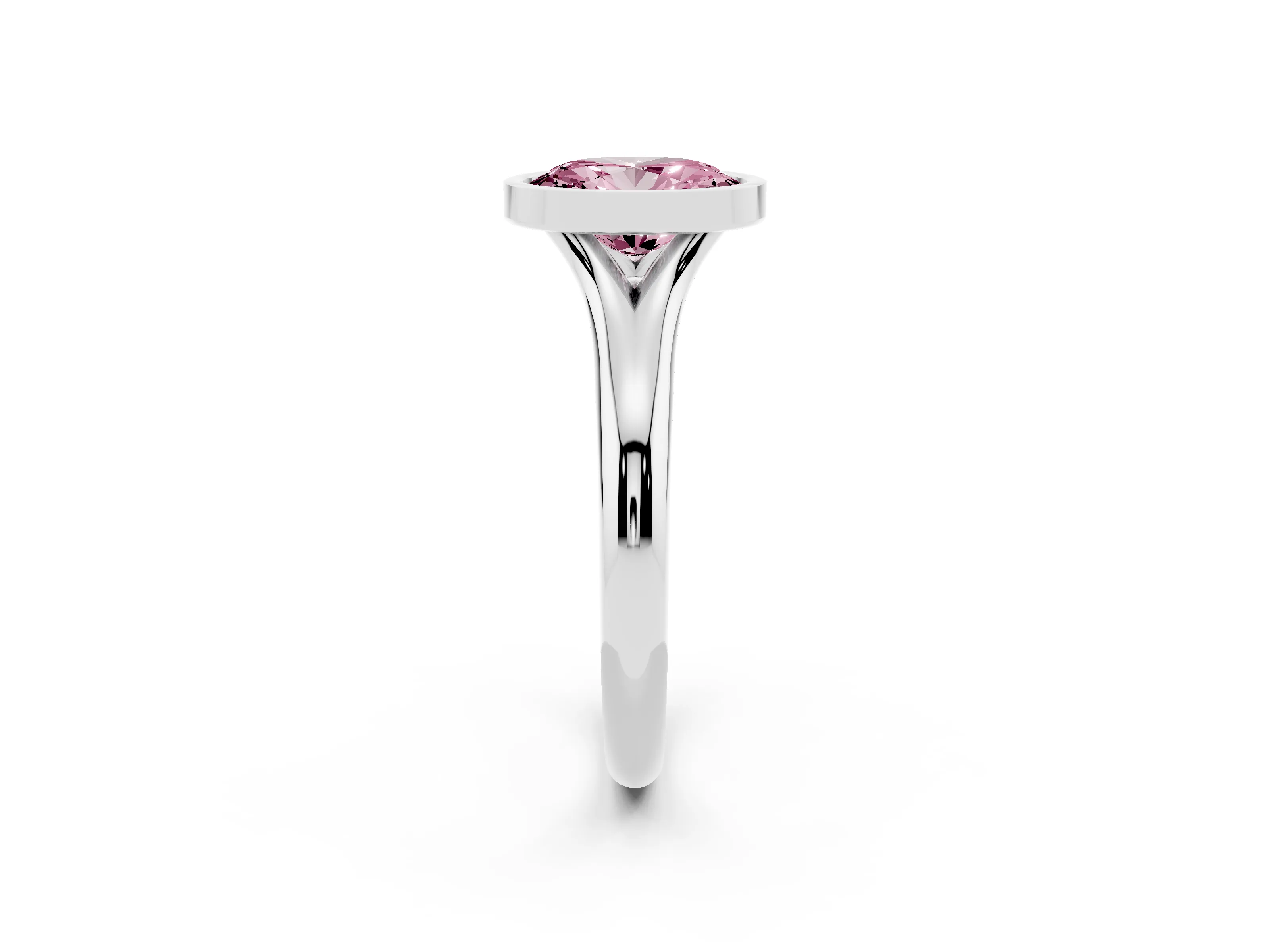 Fancy Pink Bezel Set Oval Cut Diamond Solitaire Ring Set in White gold with Smooth Band