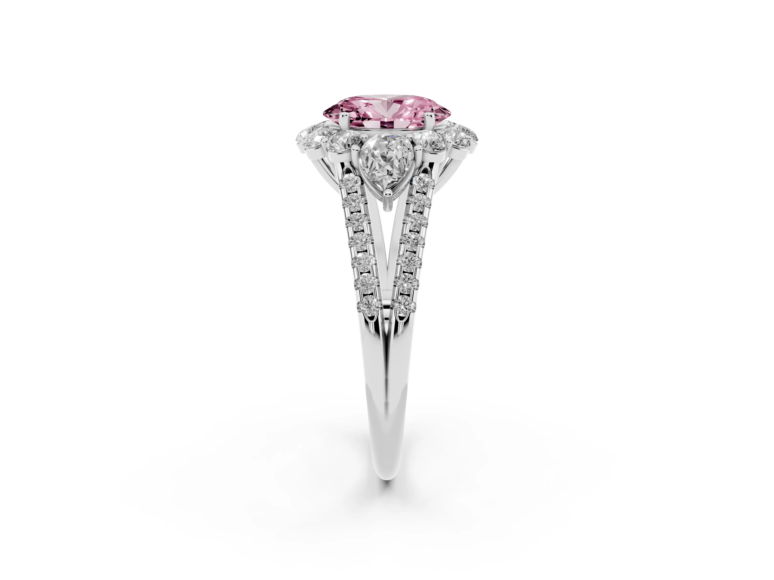 Fancy Pink Oval Cut Diamond Halo Split Shank Engagement Ring Set in Silver with Prong-Held Center Stone