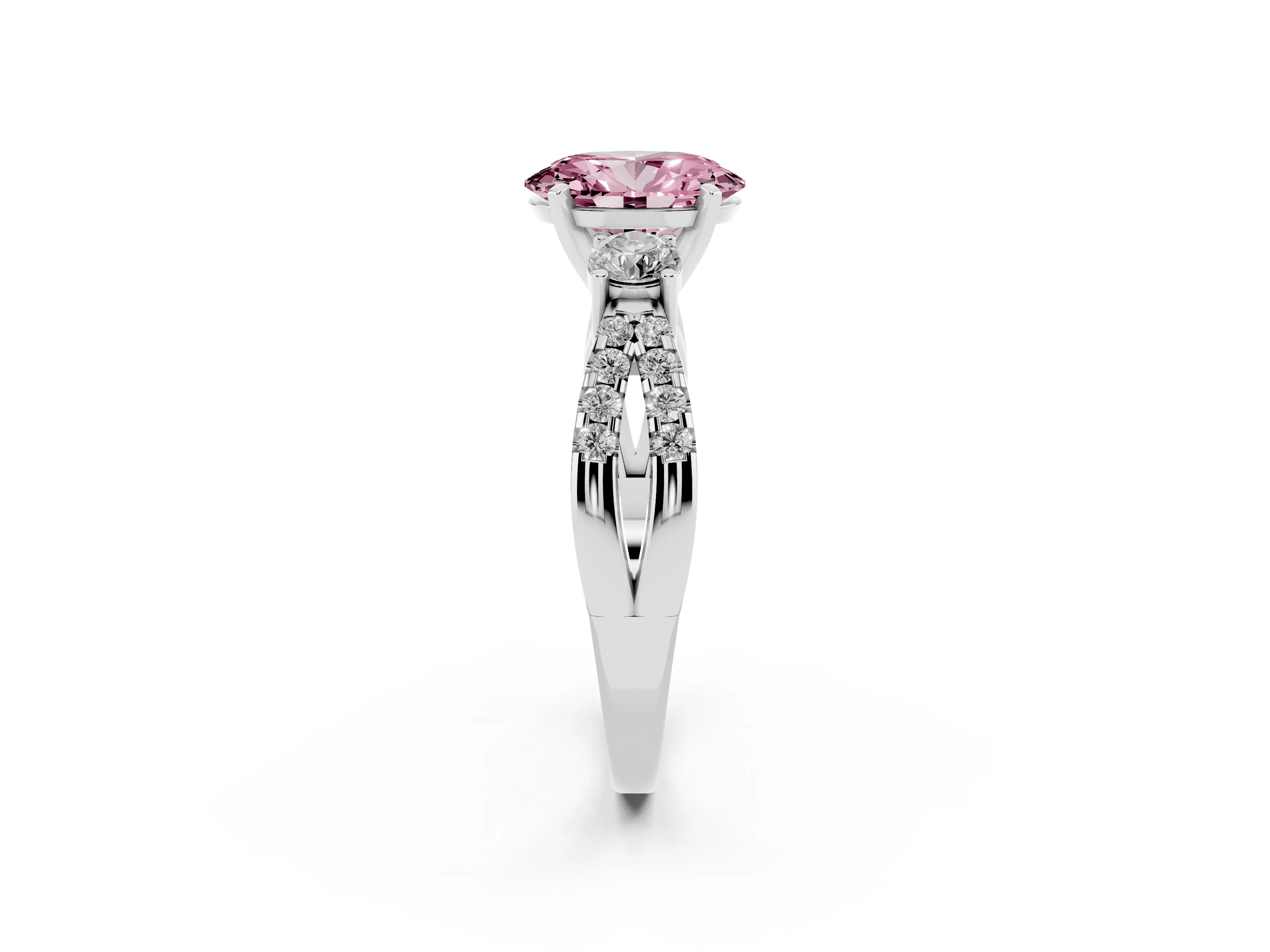 Fancy Pink Oval Cut Diamond Three-Stone Ring Set in White gold with Pavé Split Shank and Prong Setting