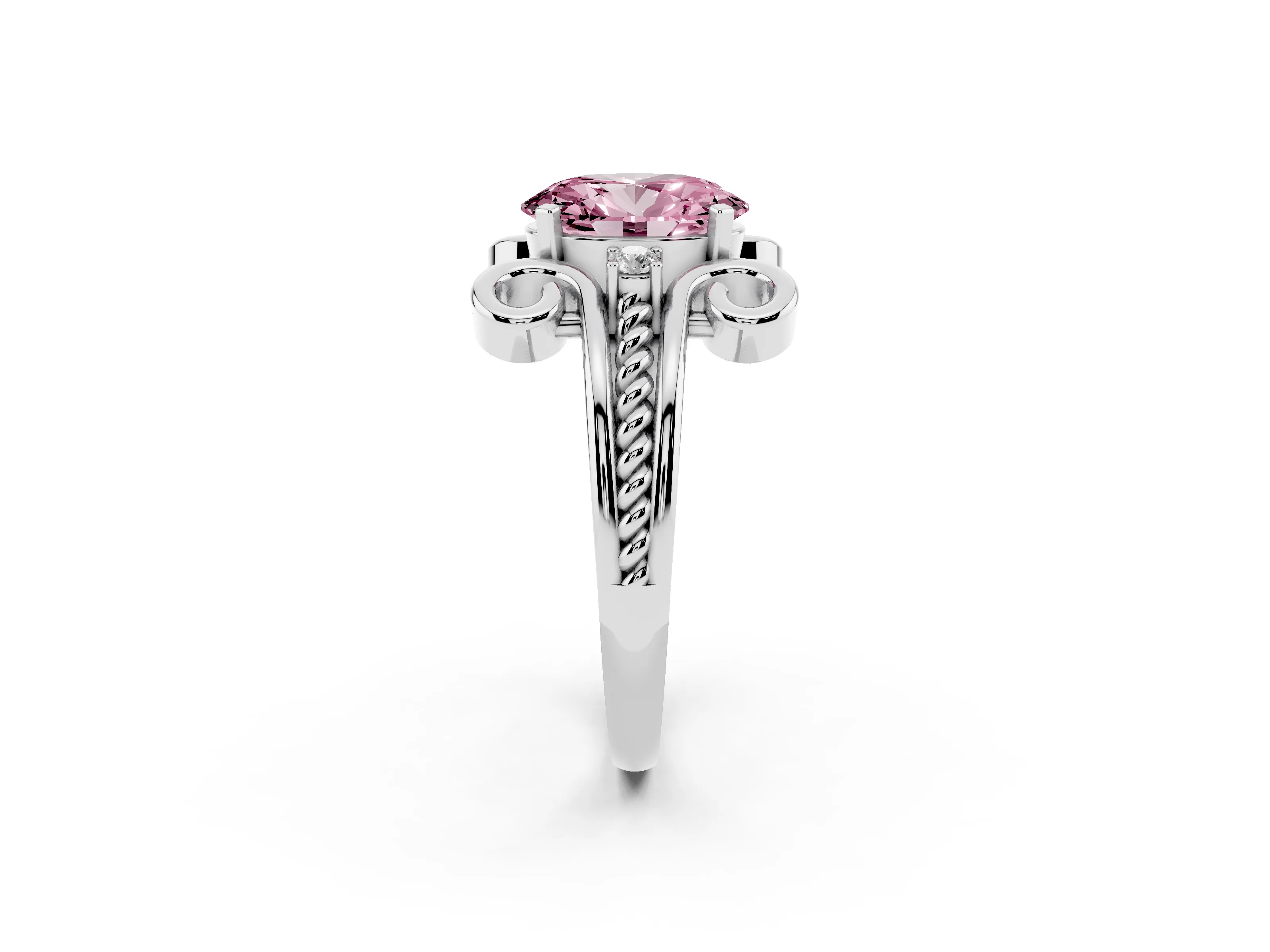 Fancy Pink Oval Cut Diamond Twisted Band Solitaire Ring Set in Platinum with Scroll Prongs