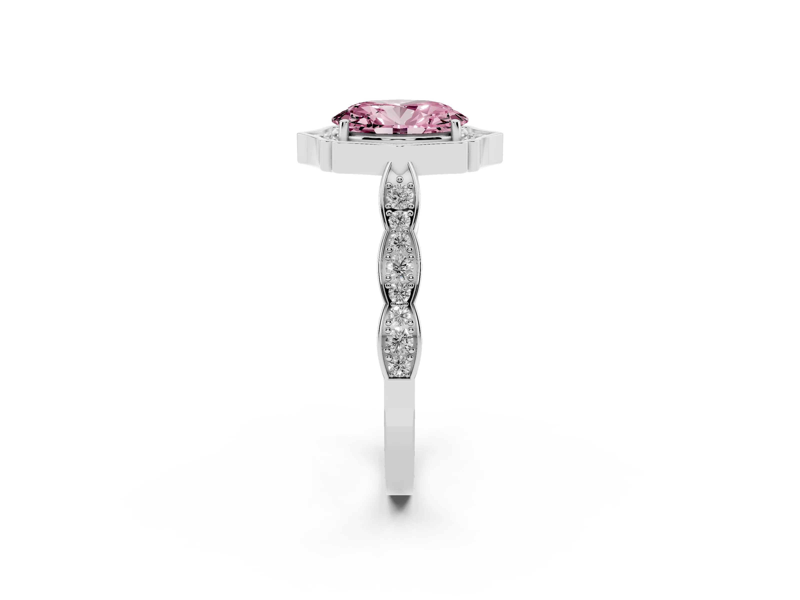 Fancy Pink Oval Cut Diamond Halo Engagement Ring Set in White gold with Milgrain Band and Prong Setting