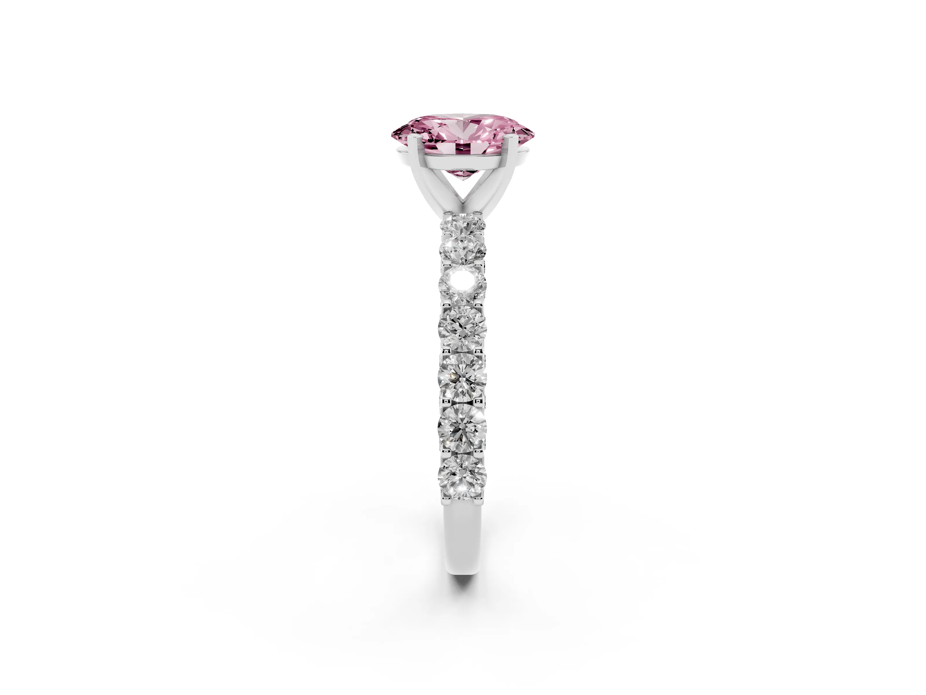 Fancy Pink Oval Cut Diamond Solitaire Ring Set in Silver with Shared Prong Pavé Band