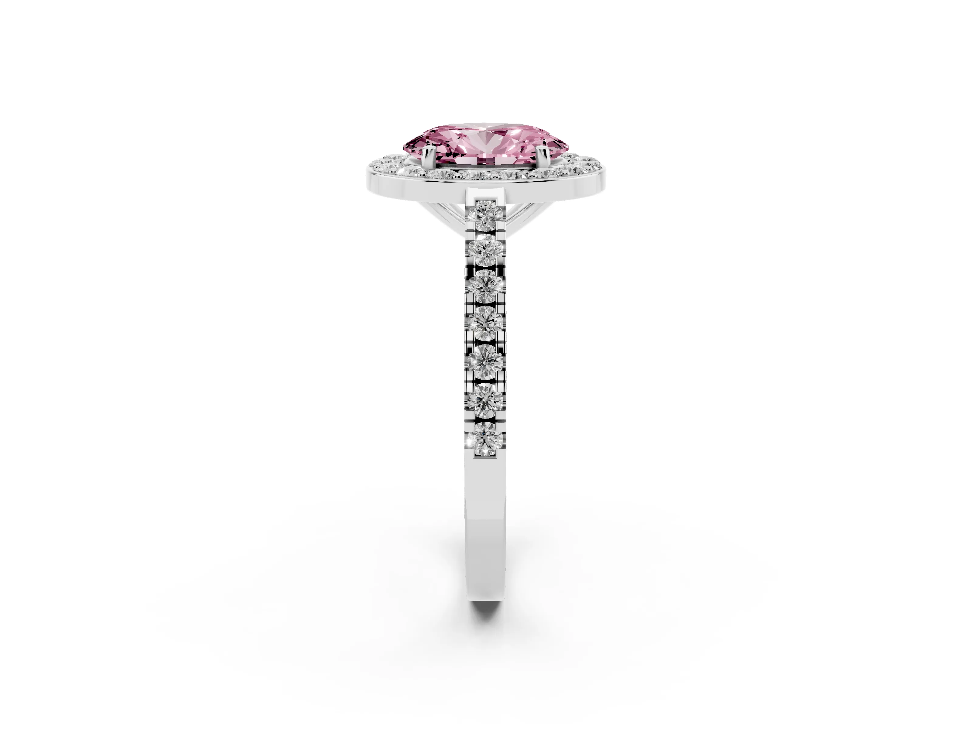 Fancy Pink Oval Cut Diamond Halo Ring Set in Silver with Round Pavé Split Shank and Prong Setting