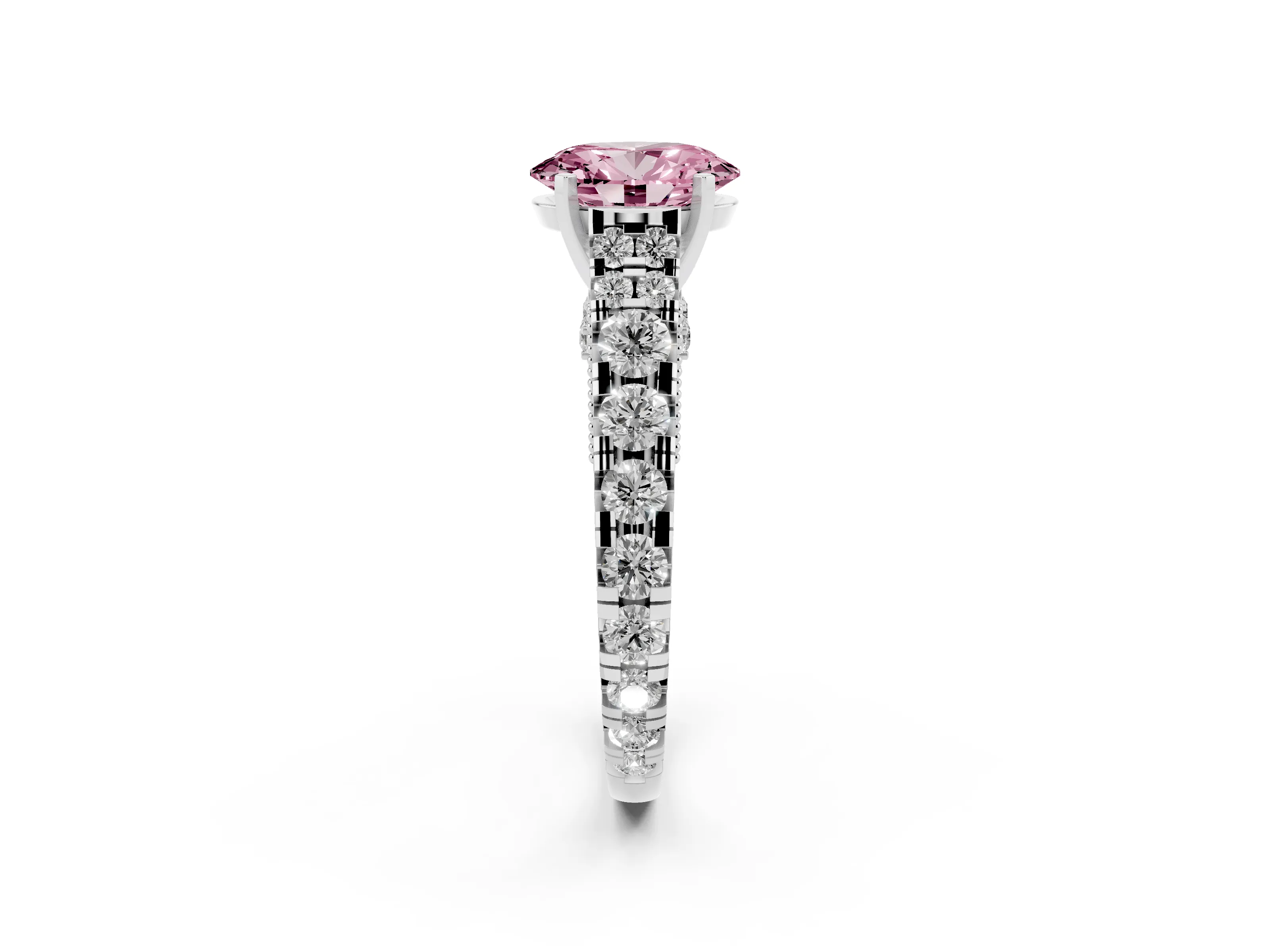 Fancy Pink Oval Cut Diamond Classic Solitaire Ring Set in Platinum with Pavé Band and Prong Setting