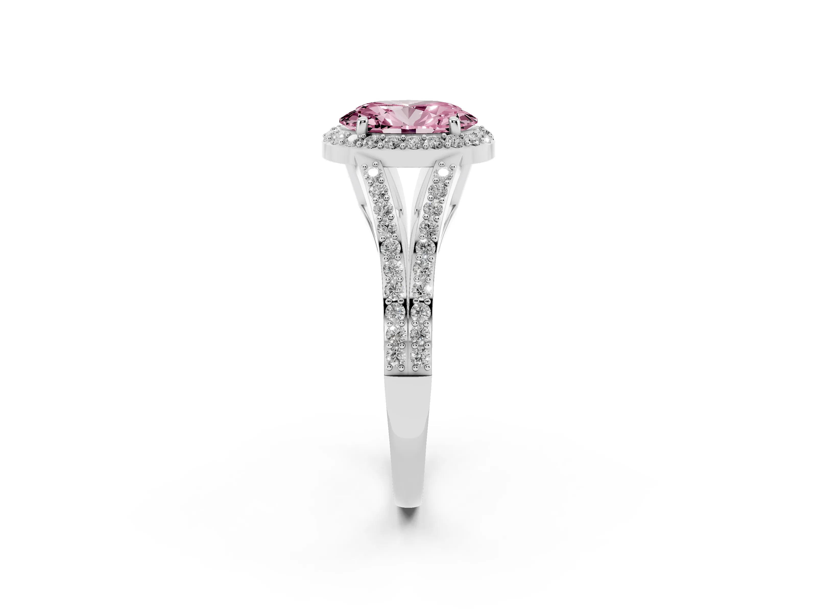 Fancy Pink Oval Cut Diamond Halo Split Shank Ring Set in White gold with Accent Stones and Prong Setting