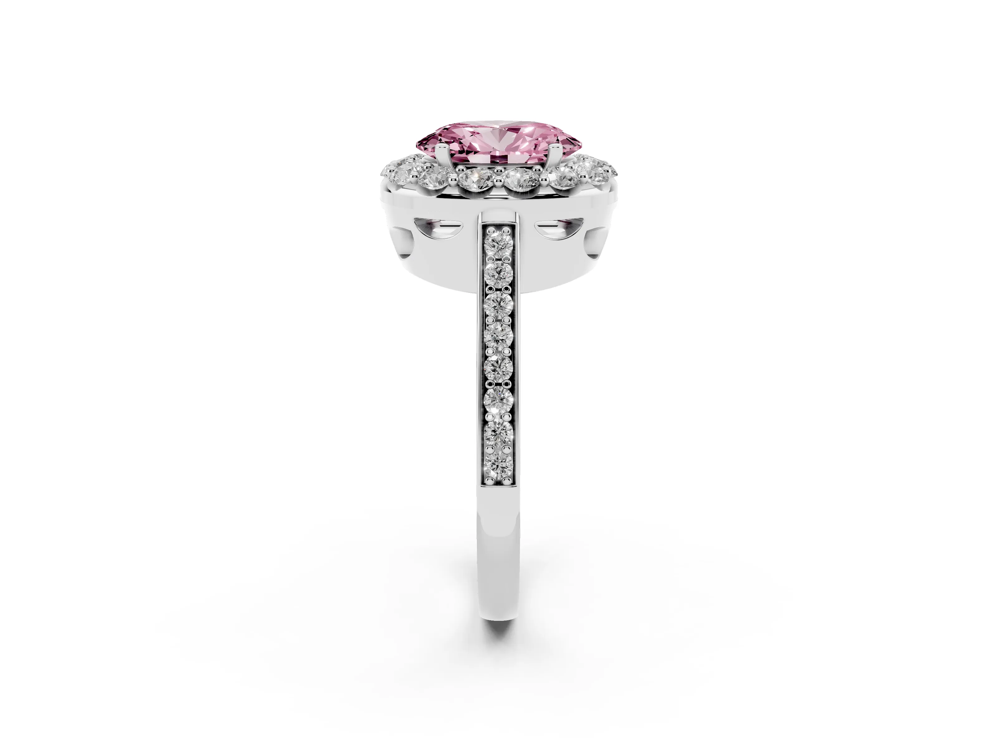 Fancy Pink Oval Cut Diamond Floral Halo Ring Set in White gold with Pavé Band and Prong Setting